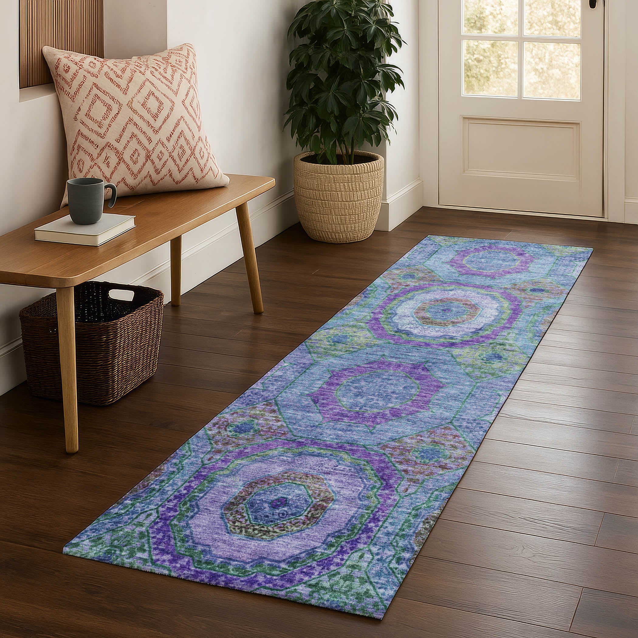 Athens Machine Washable Transitional Blue Rug 2'3" x 7'6" #shape_Runner