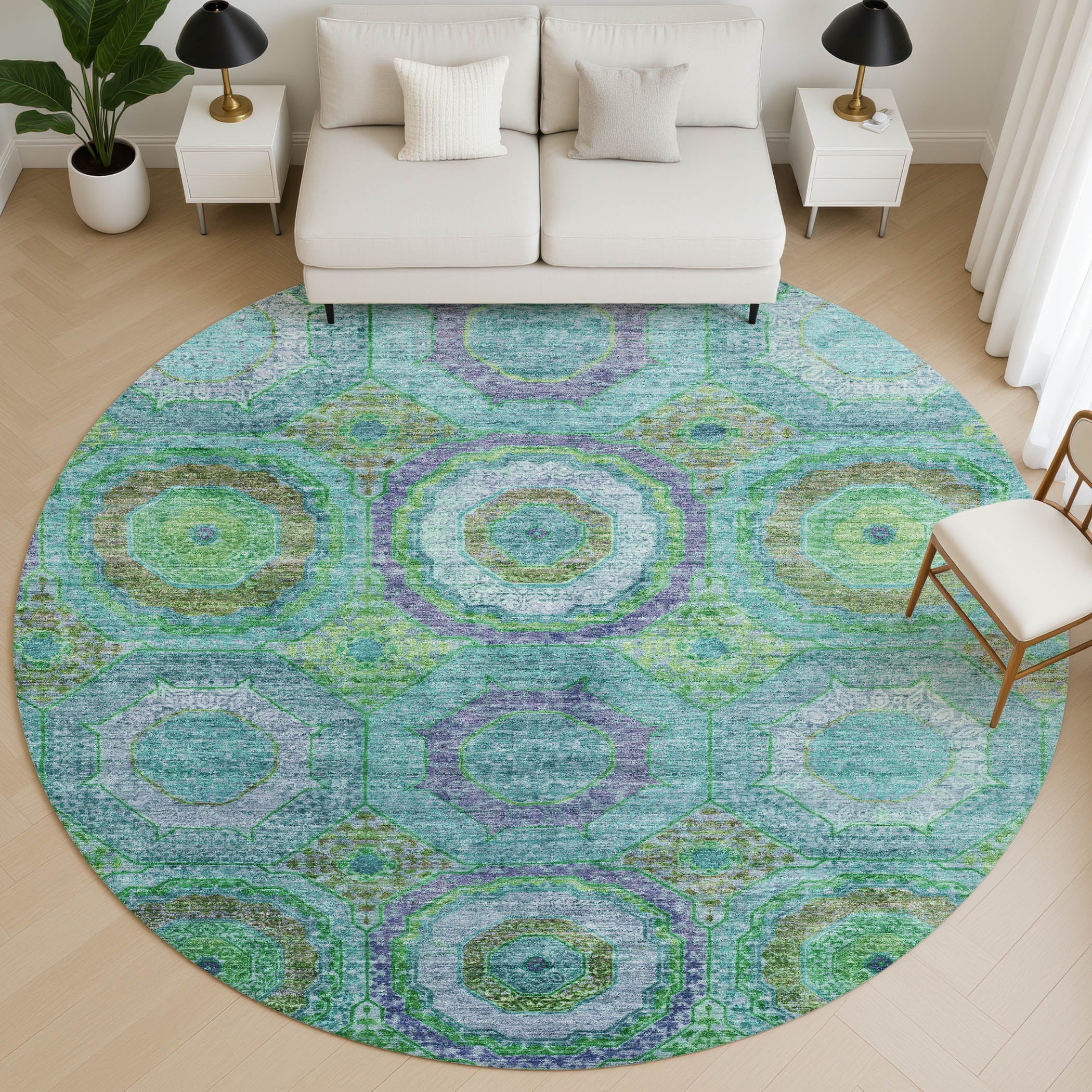 Athens Machine Washable Transitional Teal Rug 8' x 8' #shape_Round