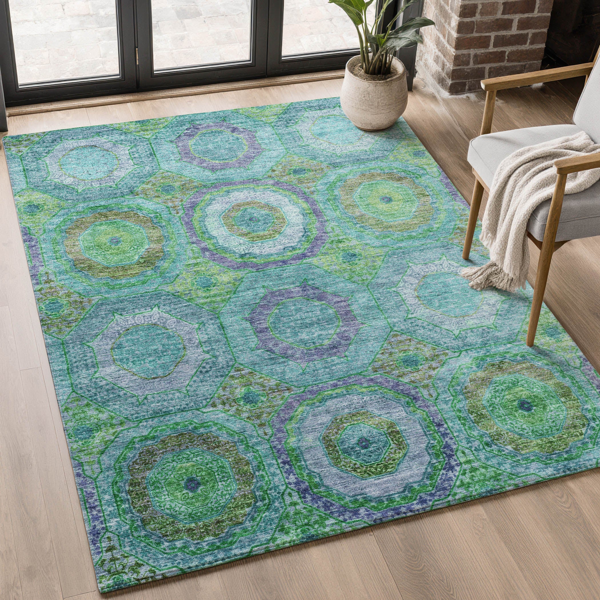 Athens Machine Washable Transitional Teal Rug 2'6" x 3'10" #shape_Rectangle