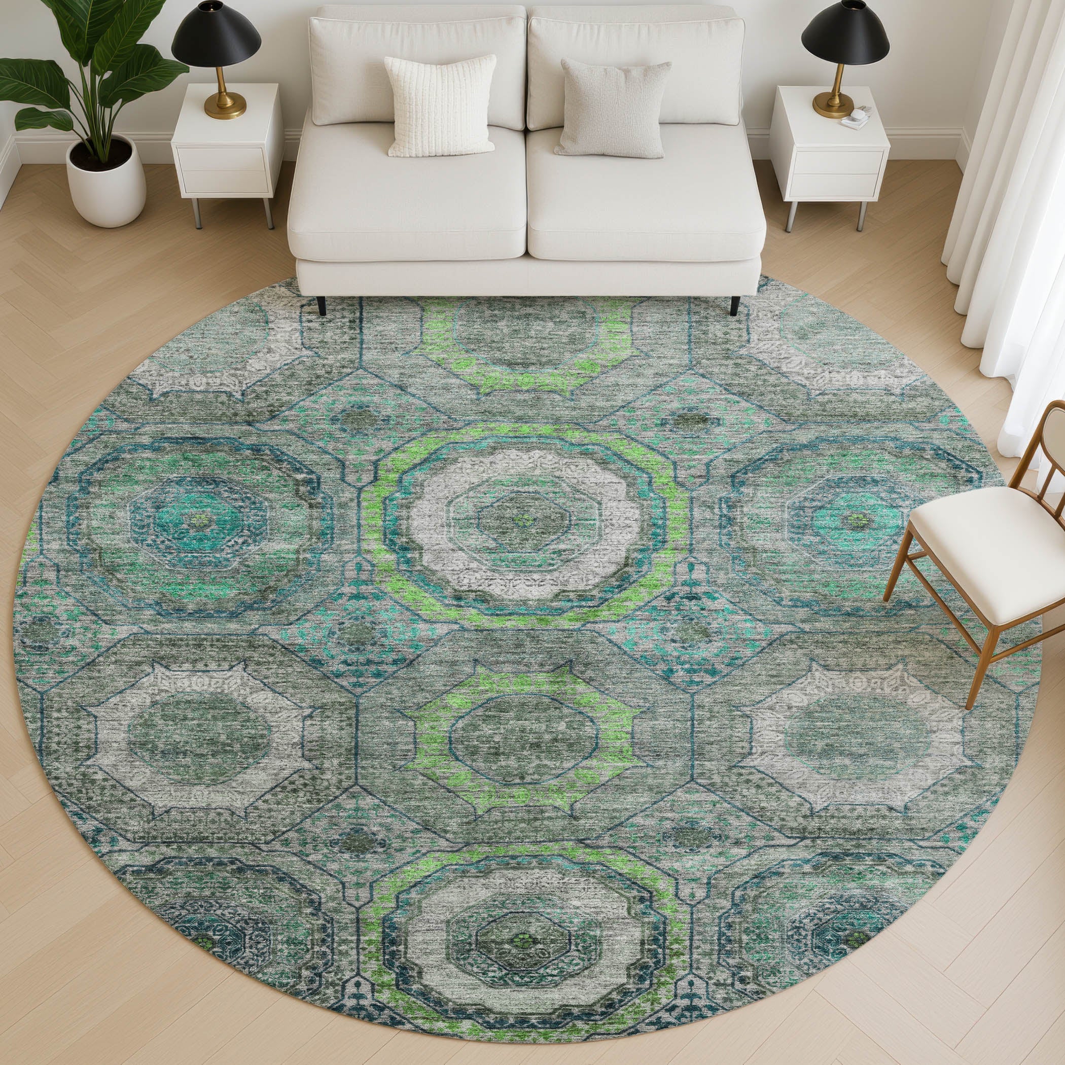 Budapest Machine Washable Transitional Teal Rug 8' x 8' #shape_Round