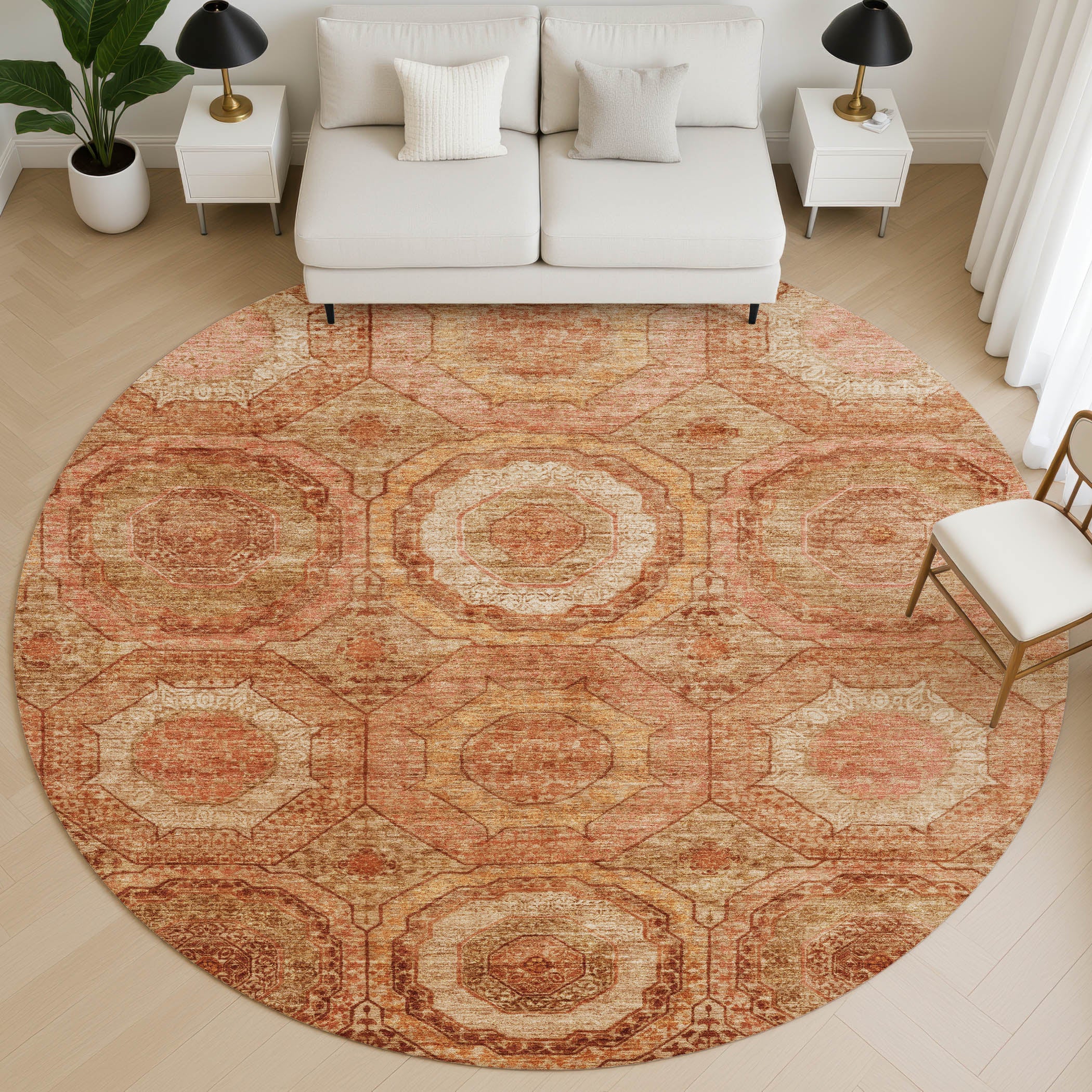Budapest Machine Washable Transitional Terracotta Orange Rug 8' x 8' #shape_Round