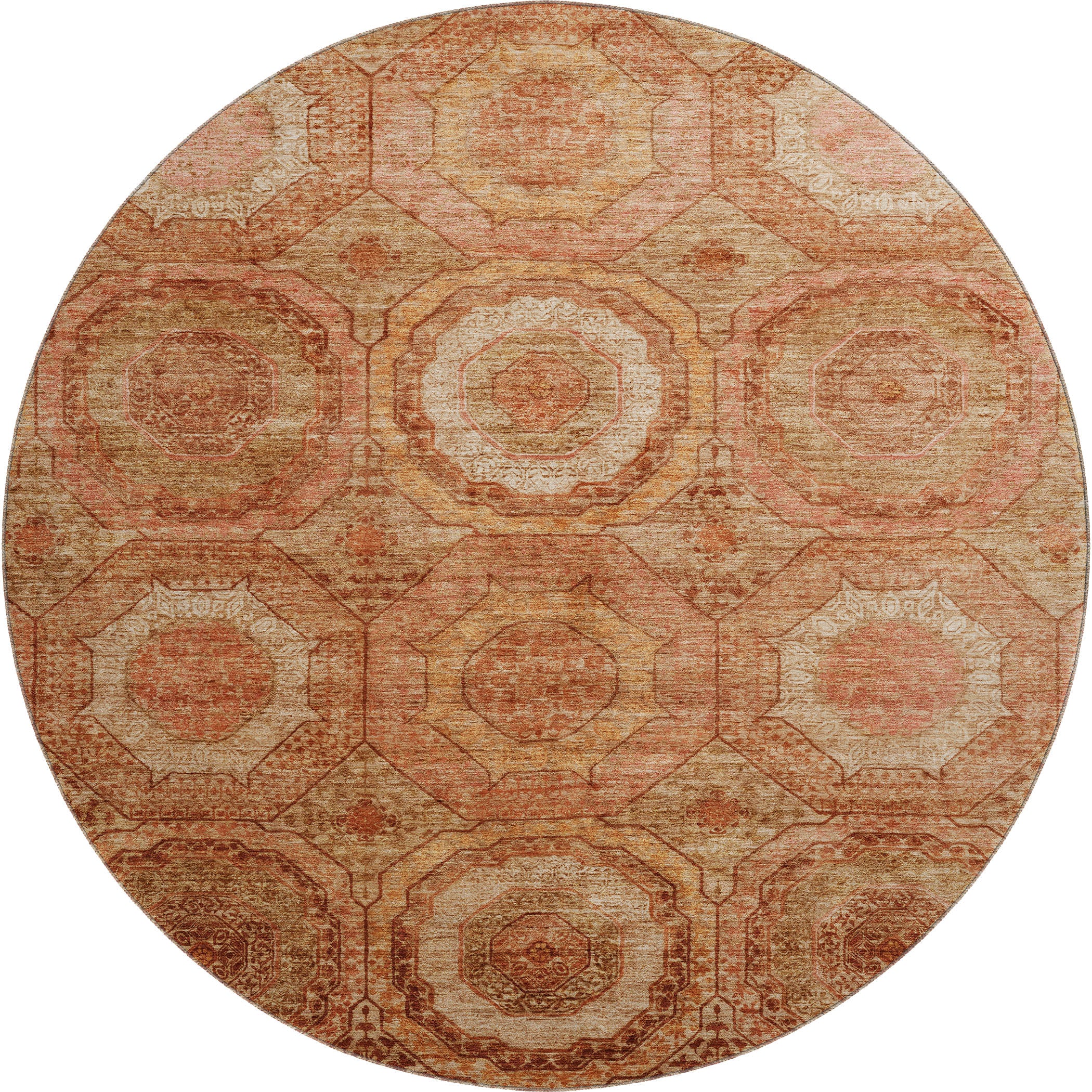 Budapest Machine Washable Transitional Terracotta Orange Rug 8' x 8' #shape_Round