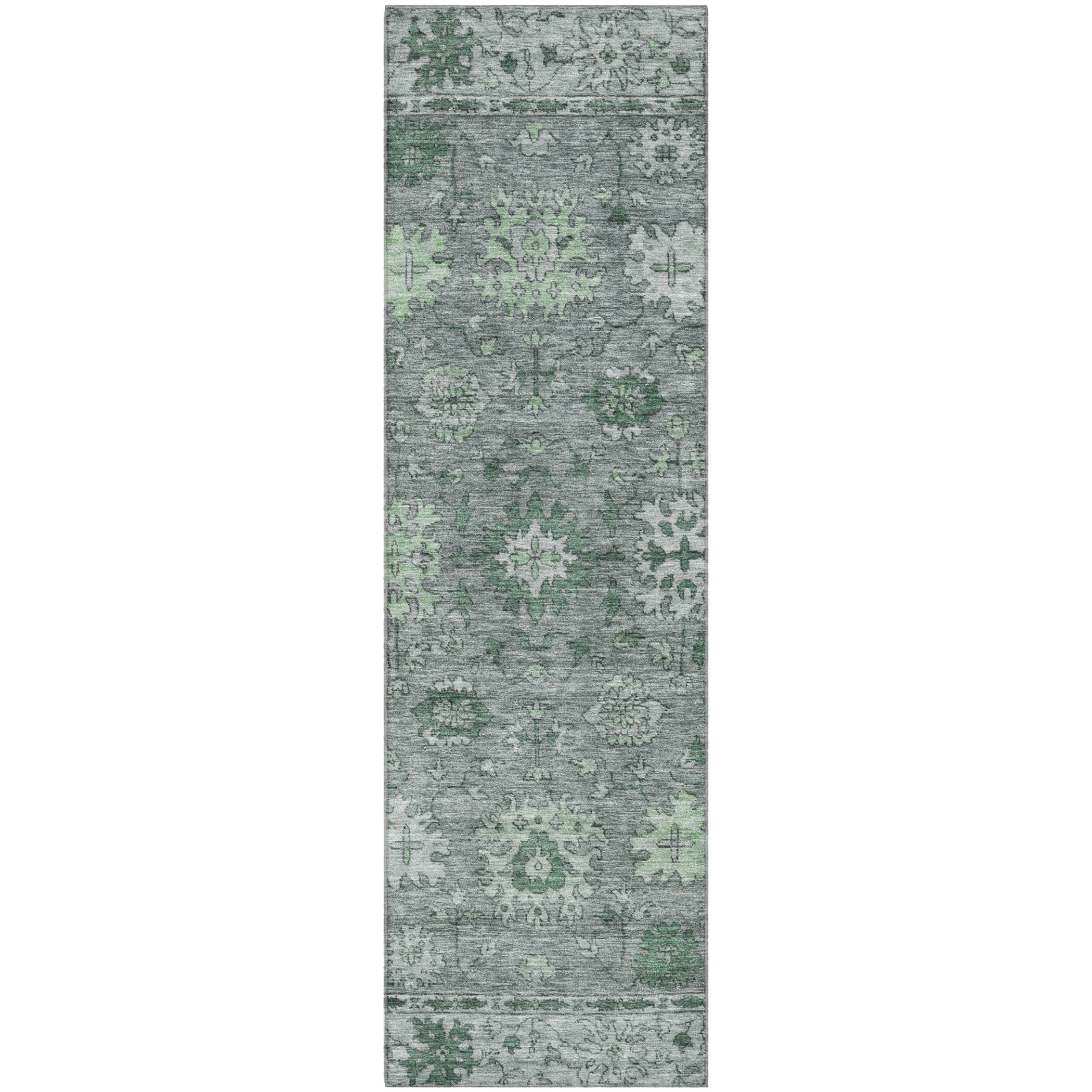 Split Machine Washable Traditional Aloe Green Rug 2'3" x 7'6" #shape_Runner