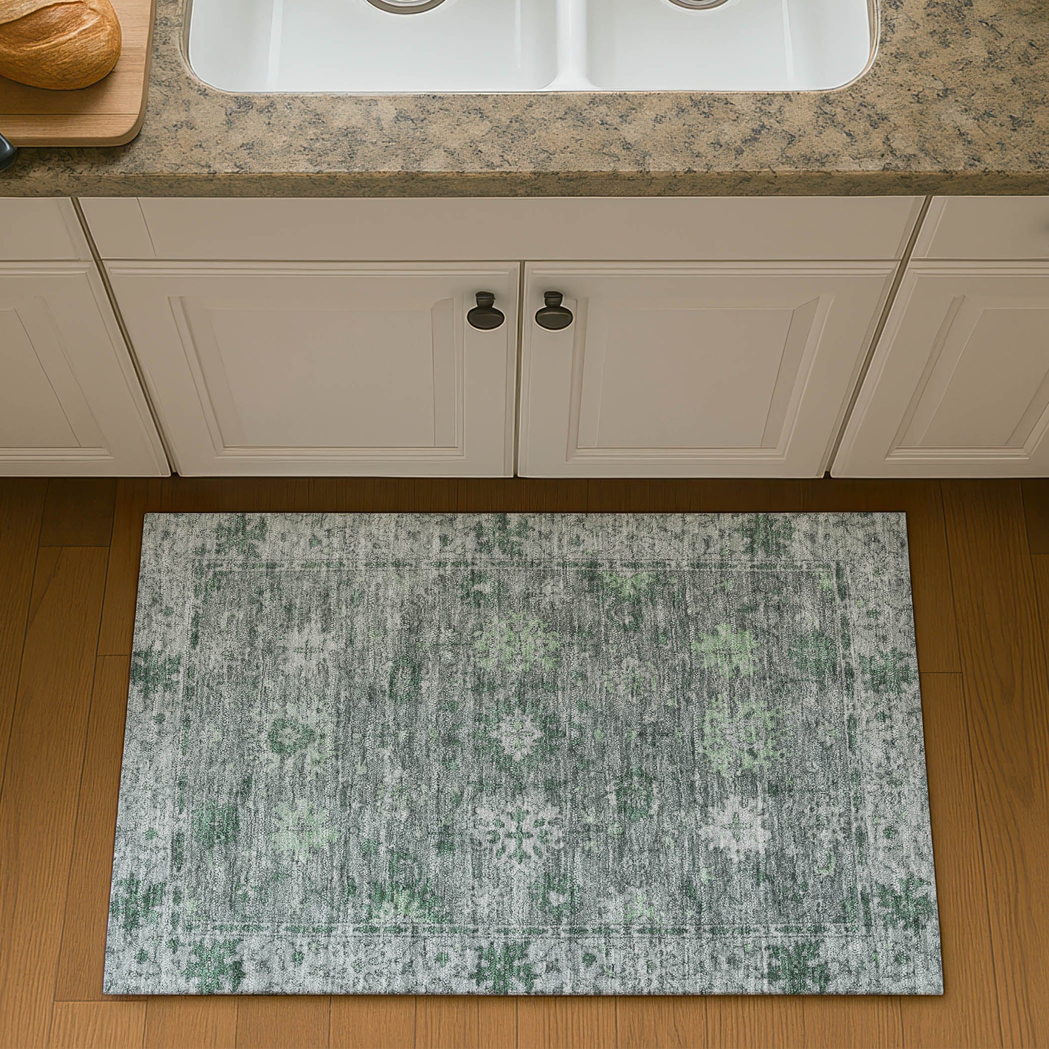 Split Machine Washable Traditional Aloe Green Rug 1'8" x 2'6" #shape_Rectangle