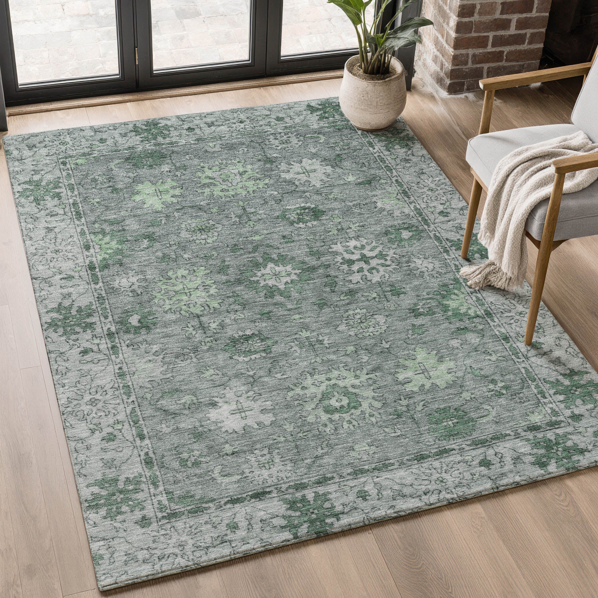 Split Machine Washable Traditional Aloe Green Rug 2'6" x 3'10" #shape_Rectangle