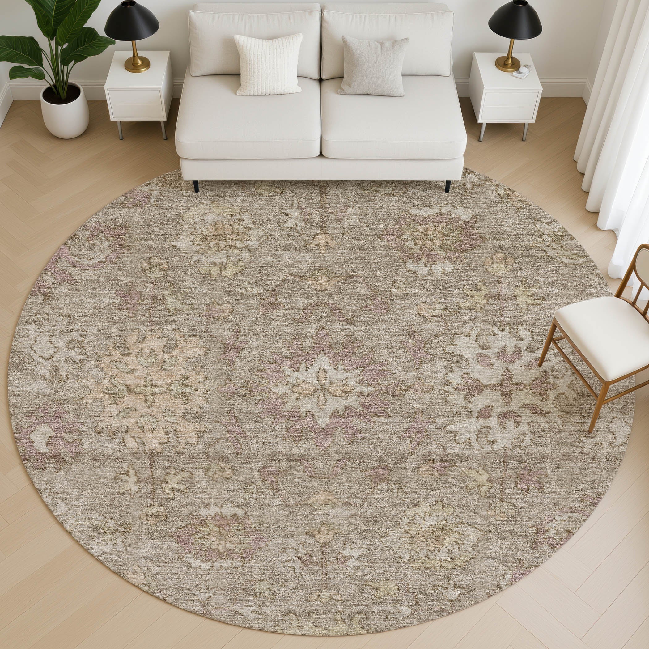 Split Machine Washable Traditional Khaki Brown Rug 8' x 8' #shape_Round