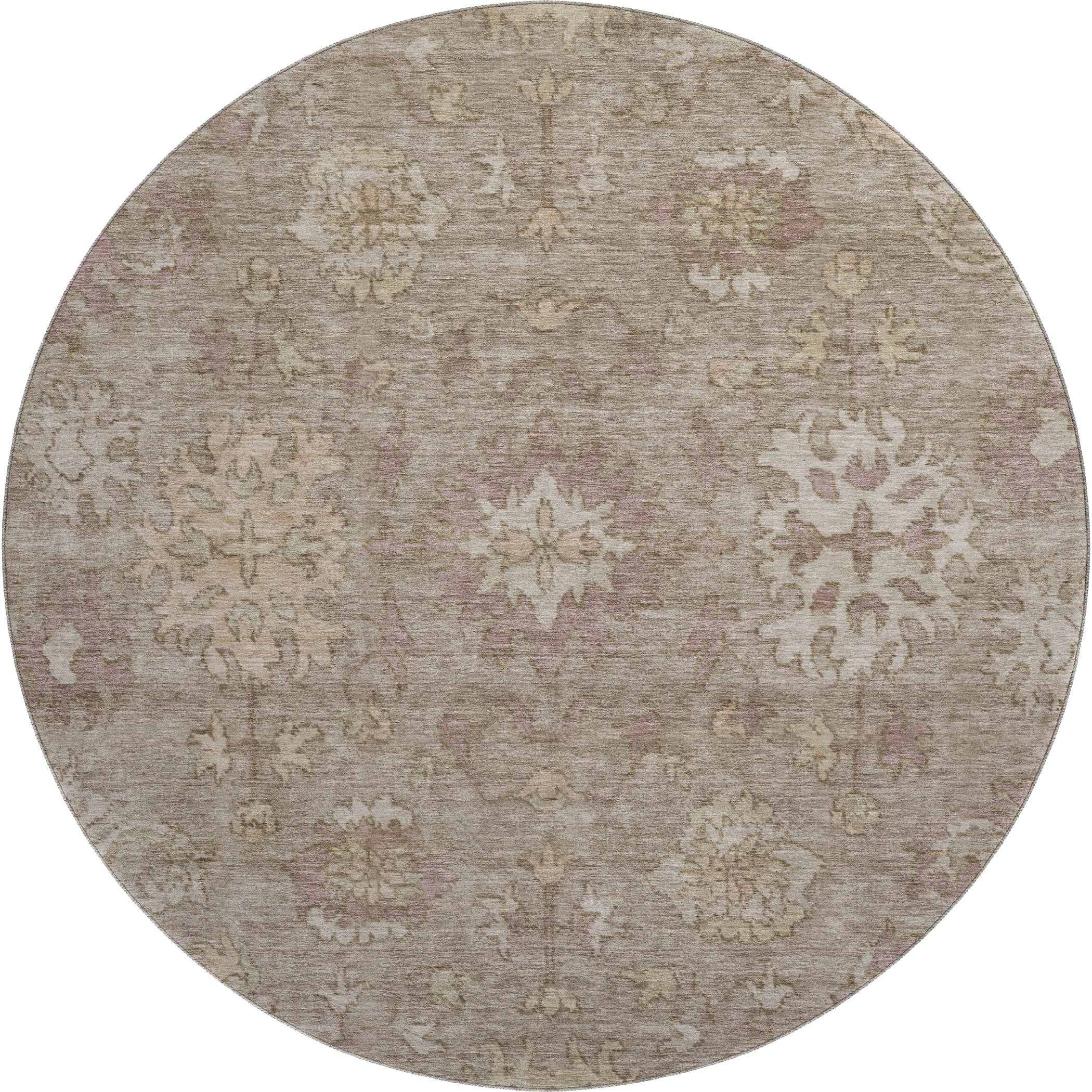 Split Machine Washable Traditional Khaki Brown Rug 8' x 8' #shape_Round