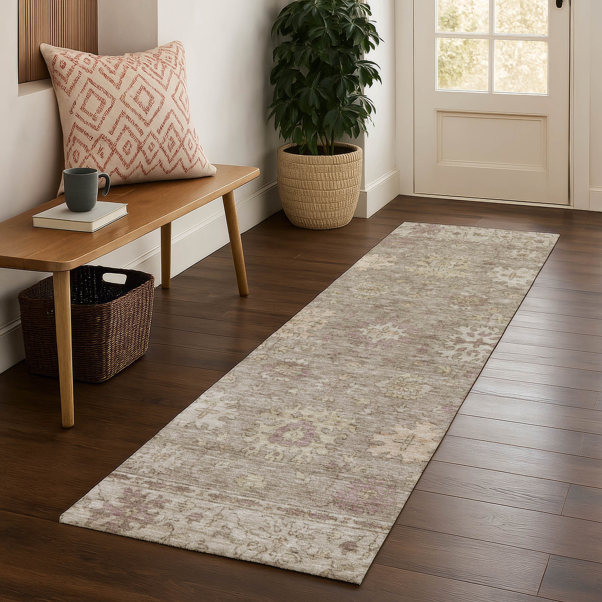 Split Machine Washable Traditional Khaki Brown Rug 2'3" x 7'6" #shape_Runner
