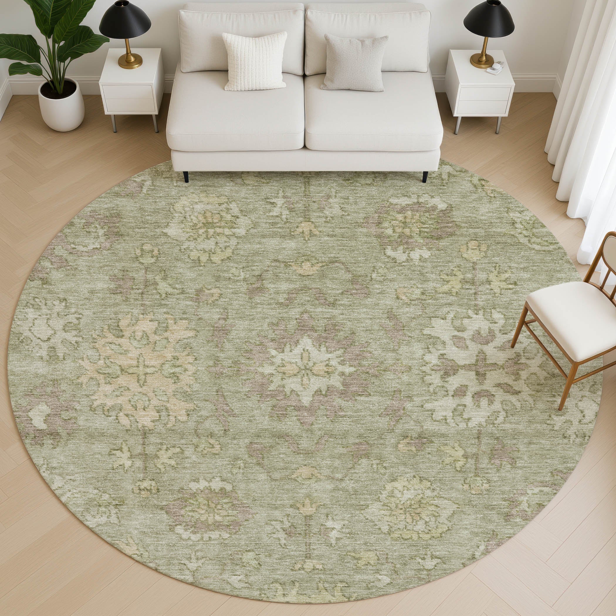 Split Machine Washable Traditional Sage Green Rug 8' x 8' #shape_Round