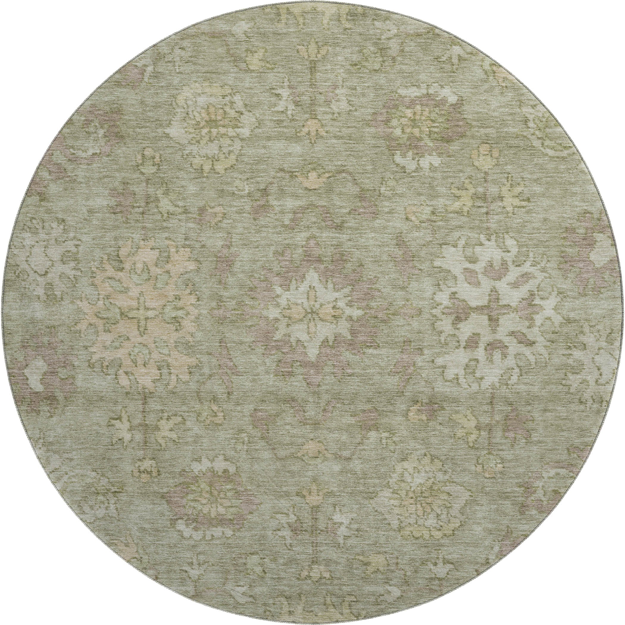 Split Machine Washable Traditional Sage Green Rug 8' x 8' #shape_Round