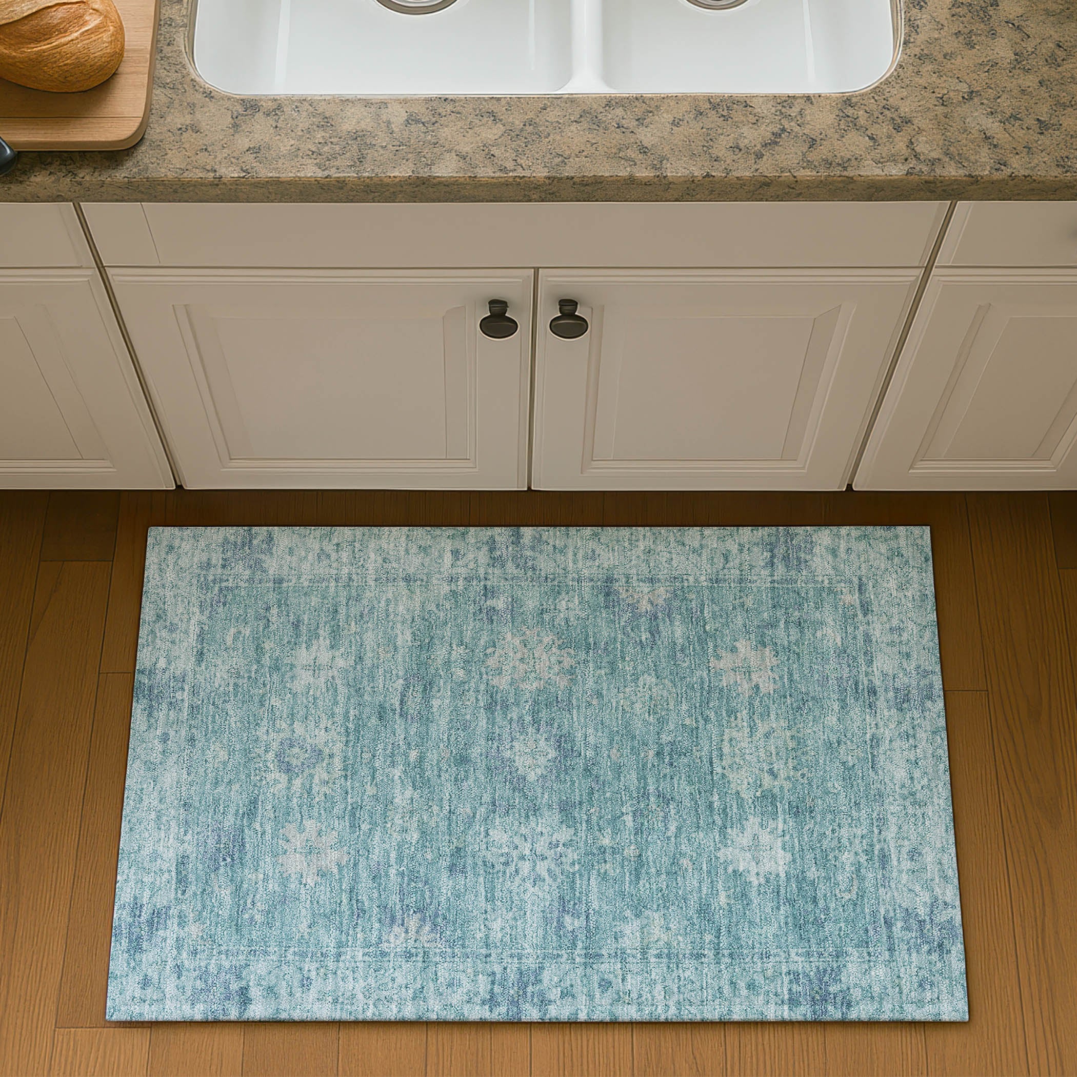 Split Machine Washable Traditional Teal Rug 1'8" x 2'6" #shape_Rectangle