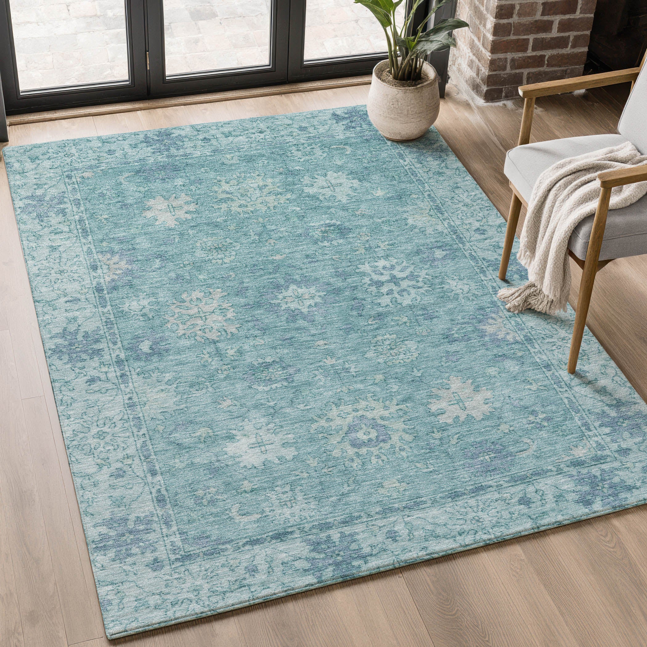 Split Machine Washable Traditional Teal Rug 2'6" x 3'10" #shape_Rectangle