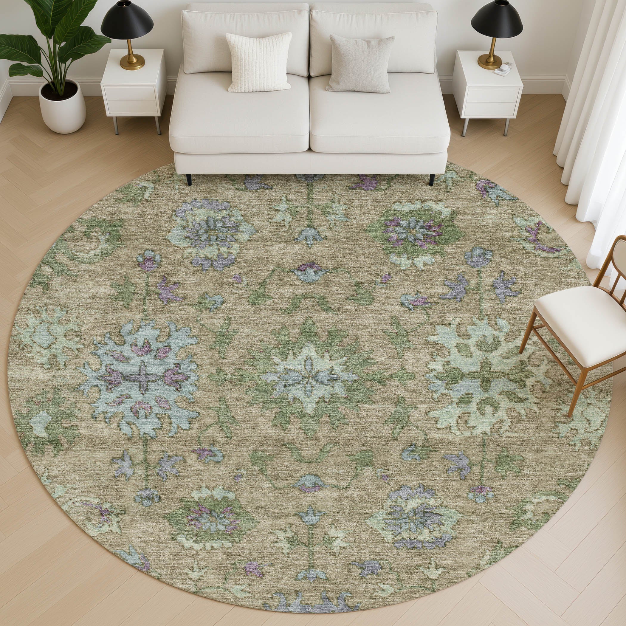 Prague Machine Washable Traditional Brown Rug 8' x 8' #shape_Round