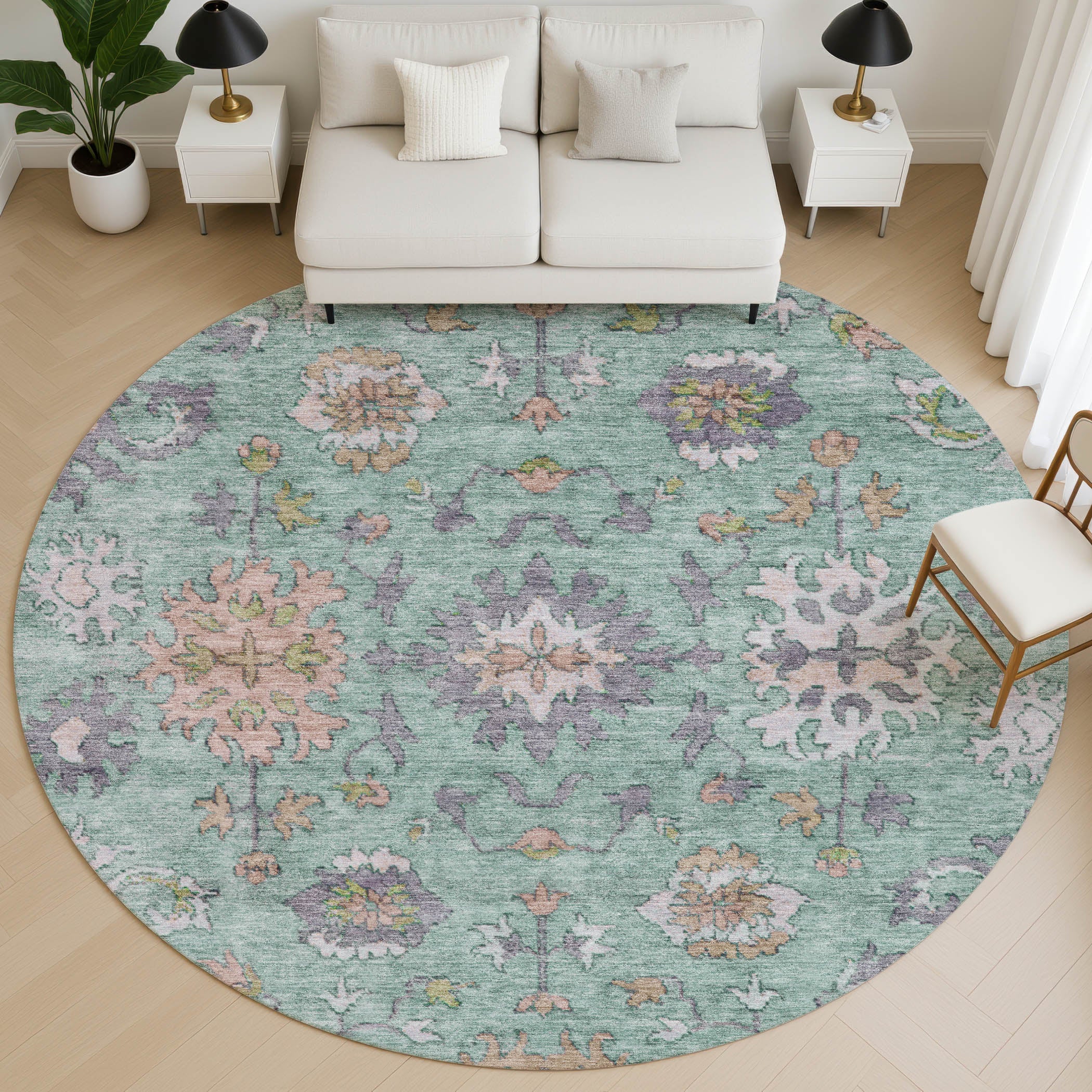 Prague Machine Washable Traditional Mint Green Rug 8' x 8' #shape_Round