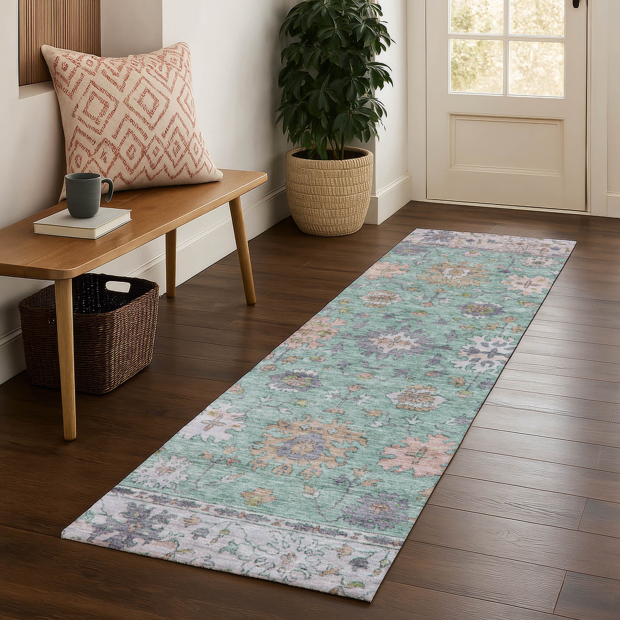 Prague Machine Washable Traditional Mint Green Rug 2'3" x 7'6" #shape_Runner