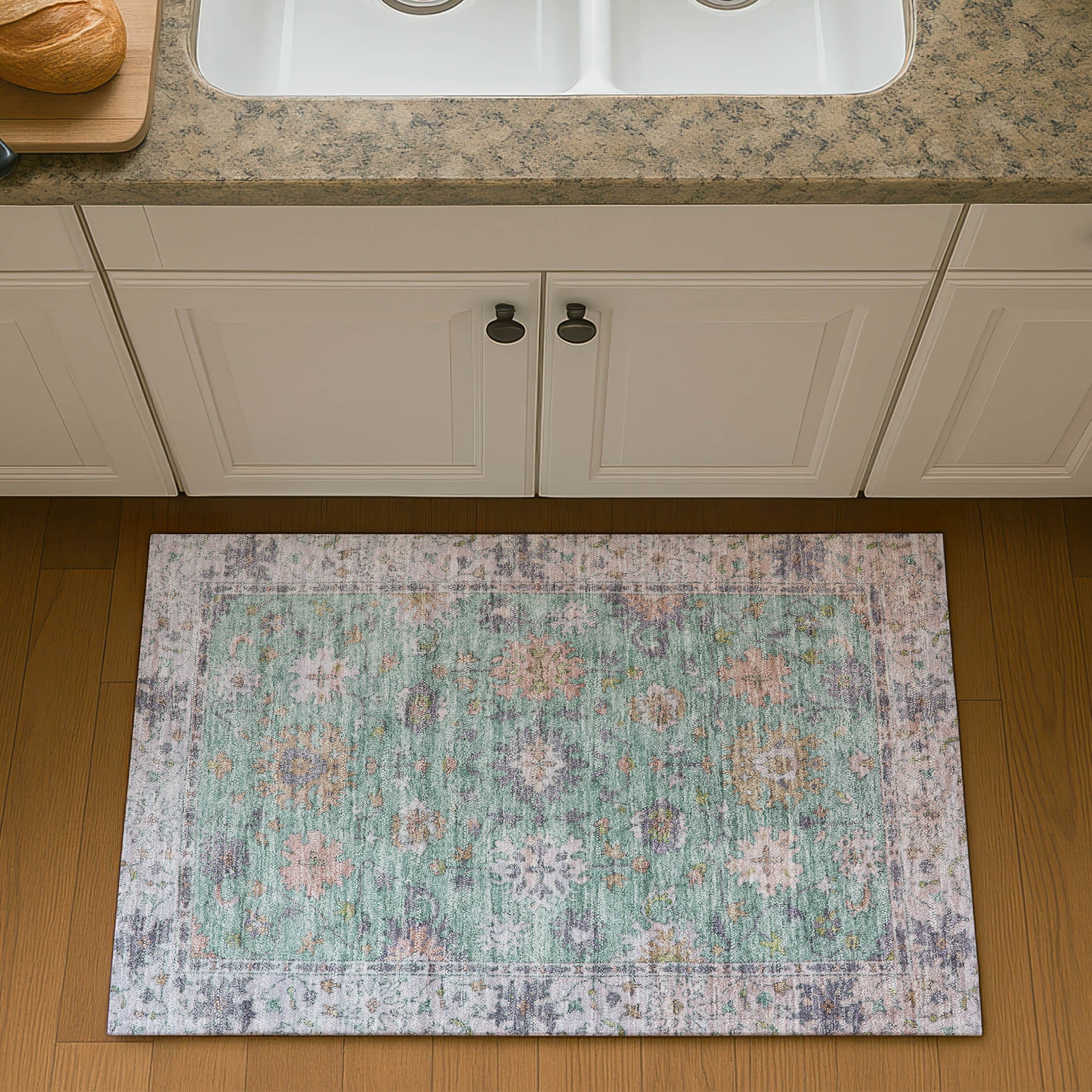 Prague Machine Washable Traditional Mint Green Rug 1'8" x 2'6" #shape_Rectangle