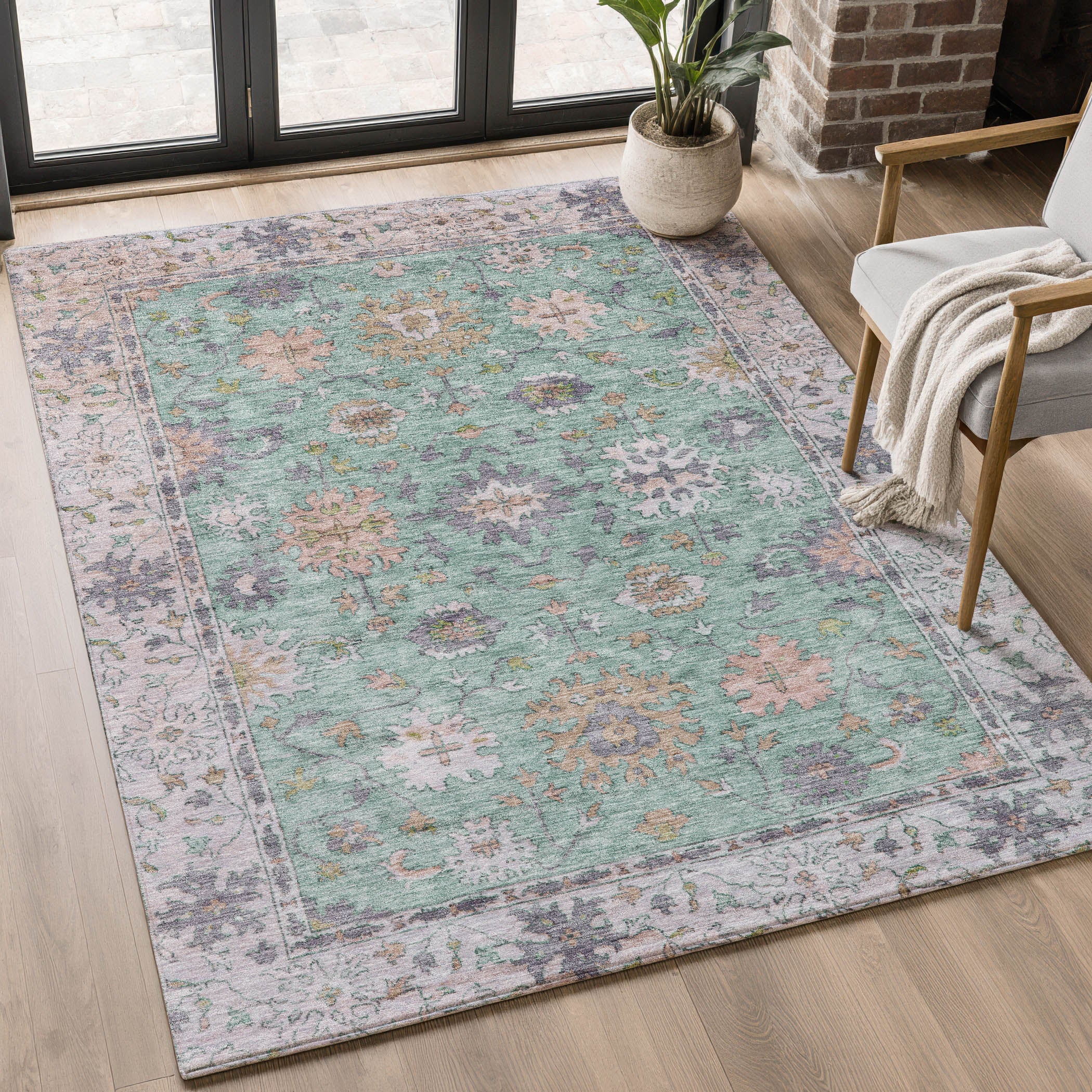 Prague Machine Washable Traditional Mint Green Rug 2'6" x 3'10" #shape_Rectangle
