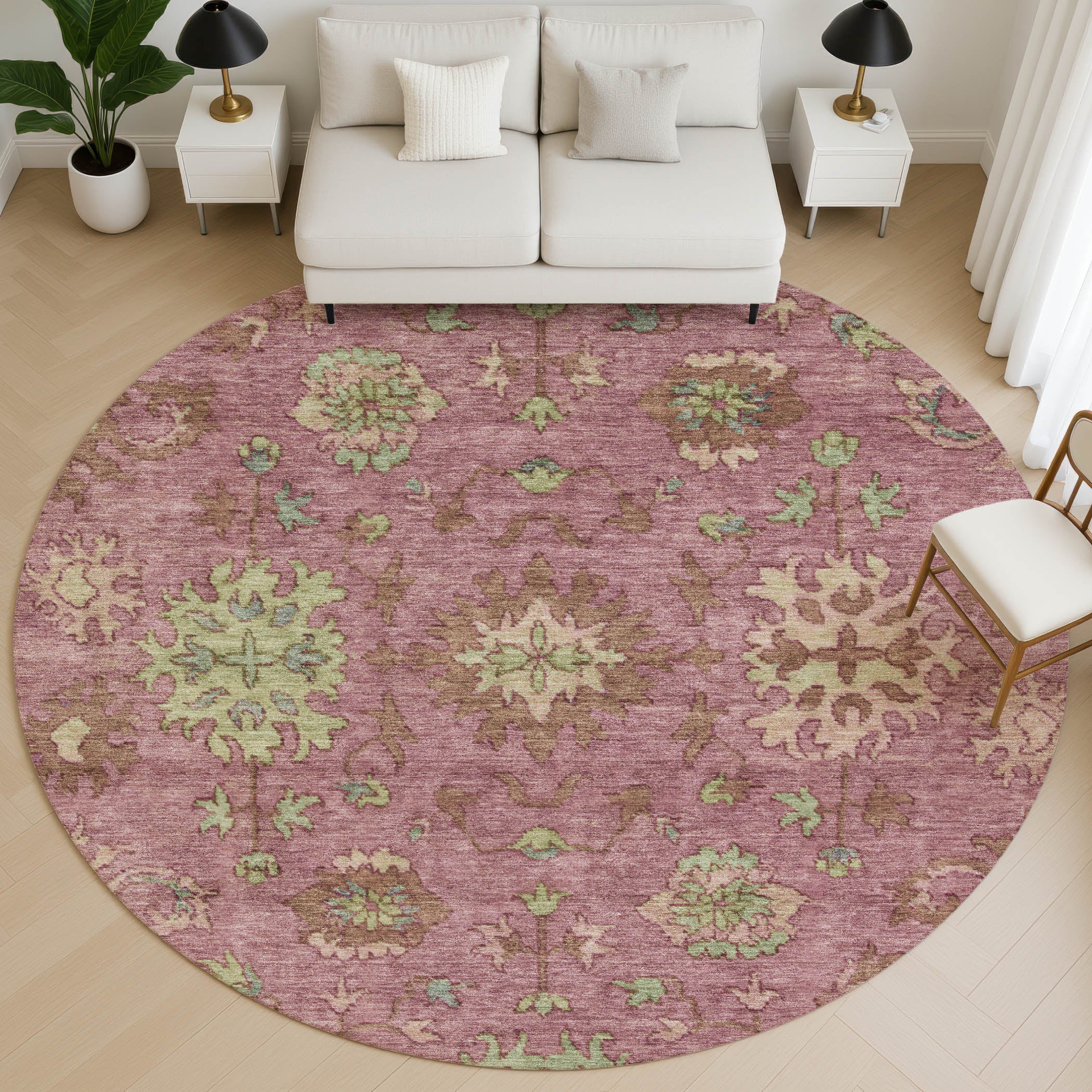 Prague Machine Washable Traditional Pink Rug 8' x 8' #shape_Round