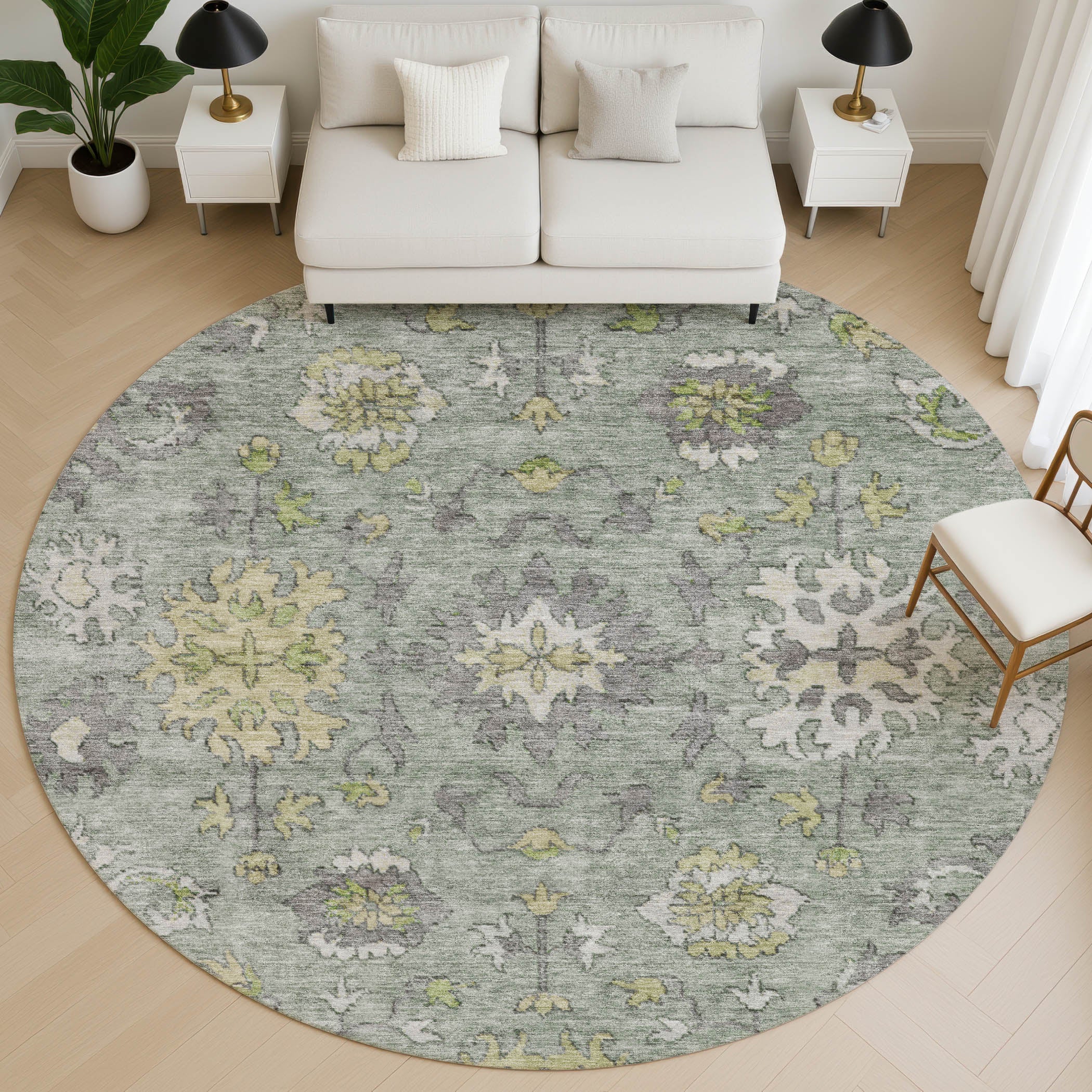 Prague Machine Washable Traditional Sage Green Rug 8' x 8' #shape_Round