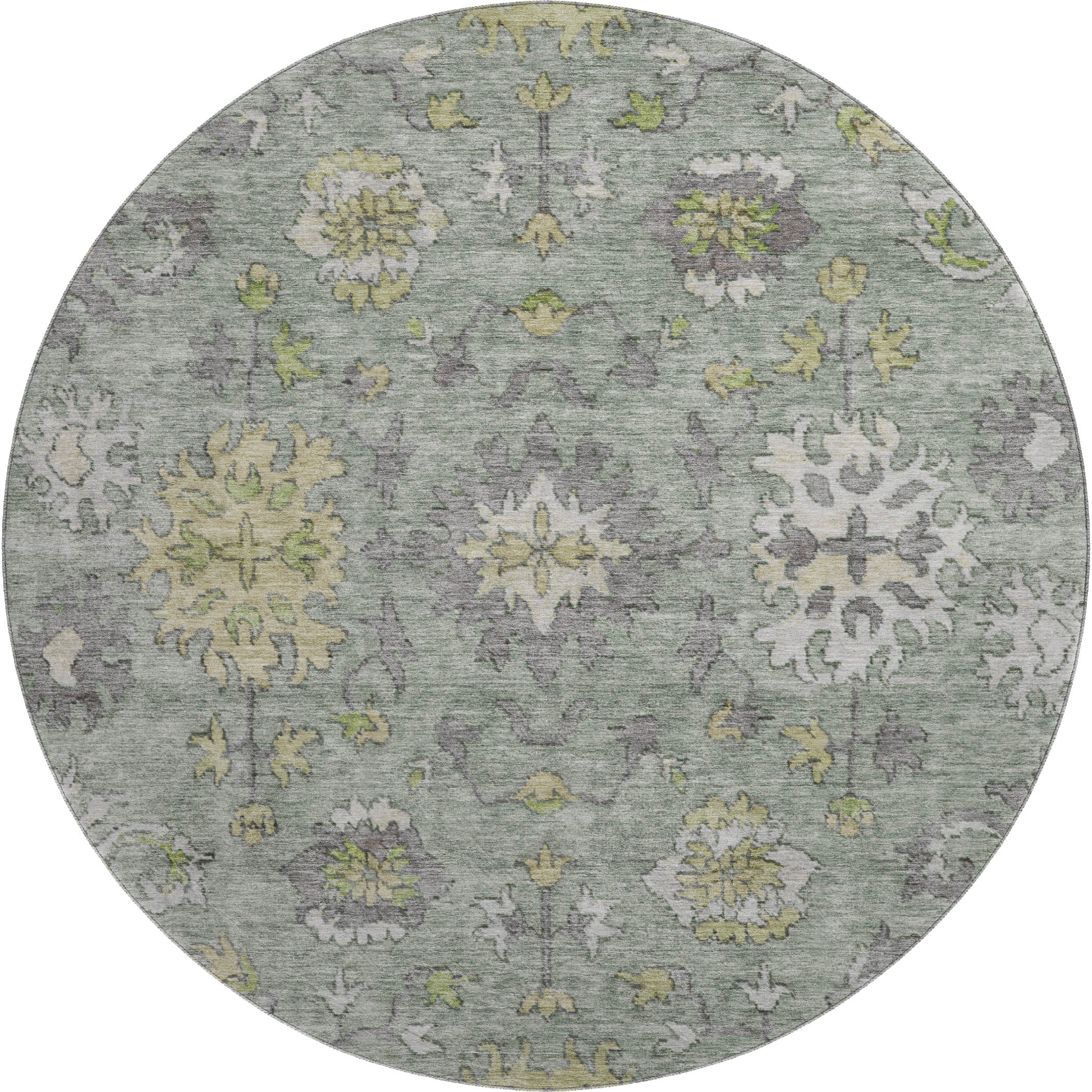 Prague Machine Washable Traditional Sage Green Rug 8' x 8' #shape_Round