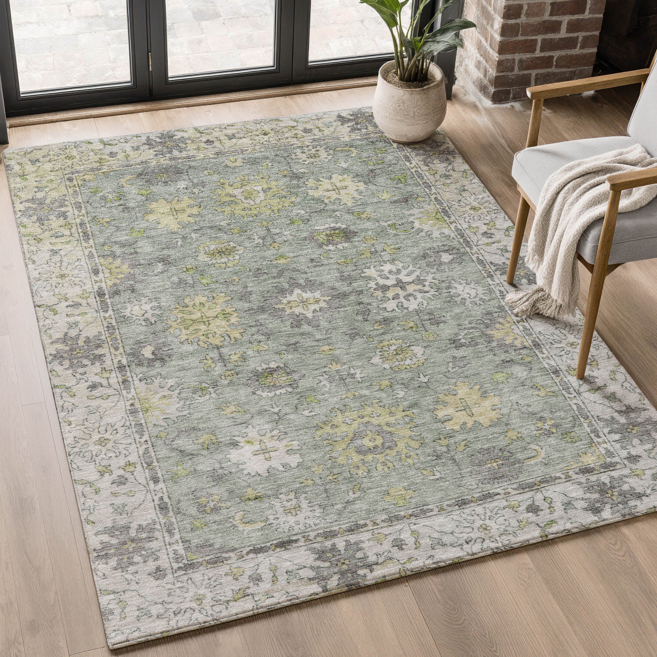 Prague Machine Washable Traditional Sage Green Rug 2'6" x 3'10" #shape_Rectangle