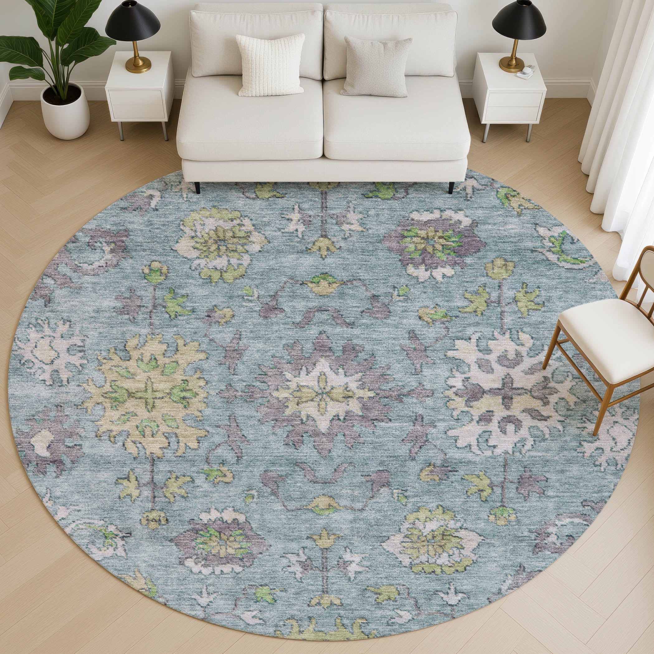 Prague Machine Washable Traditional Seafoam Blue Rug 8' x 8' #shape_Round