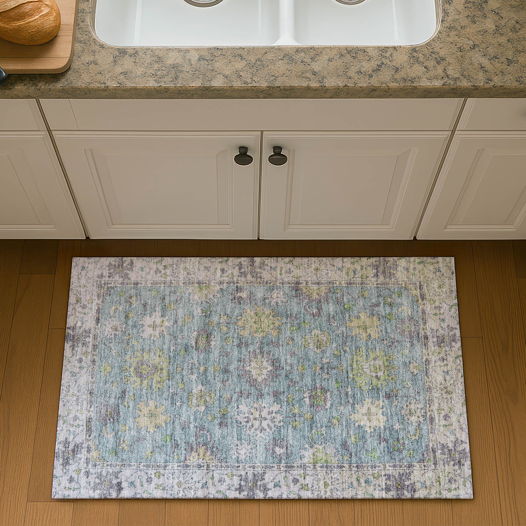 Prague Machine Washable Traditional Seafoam Blue Rug 1'8" x 2'6" #shape_Rectangle