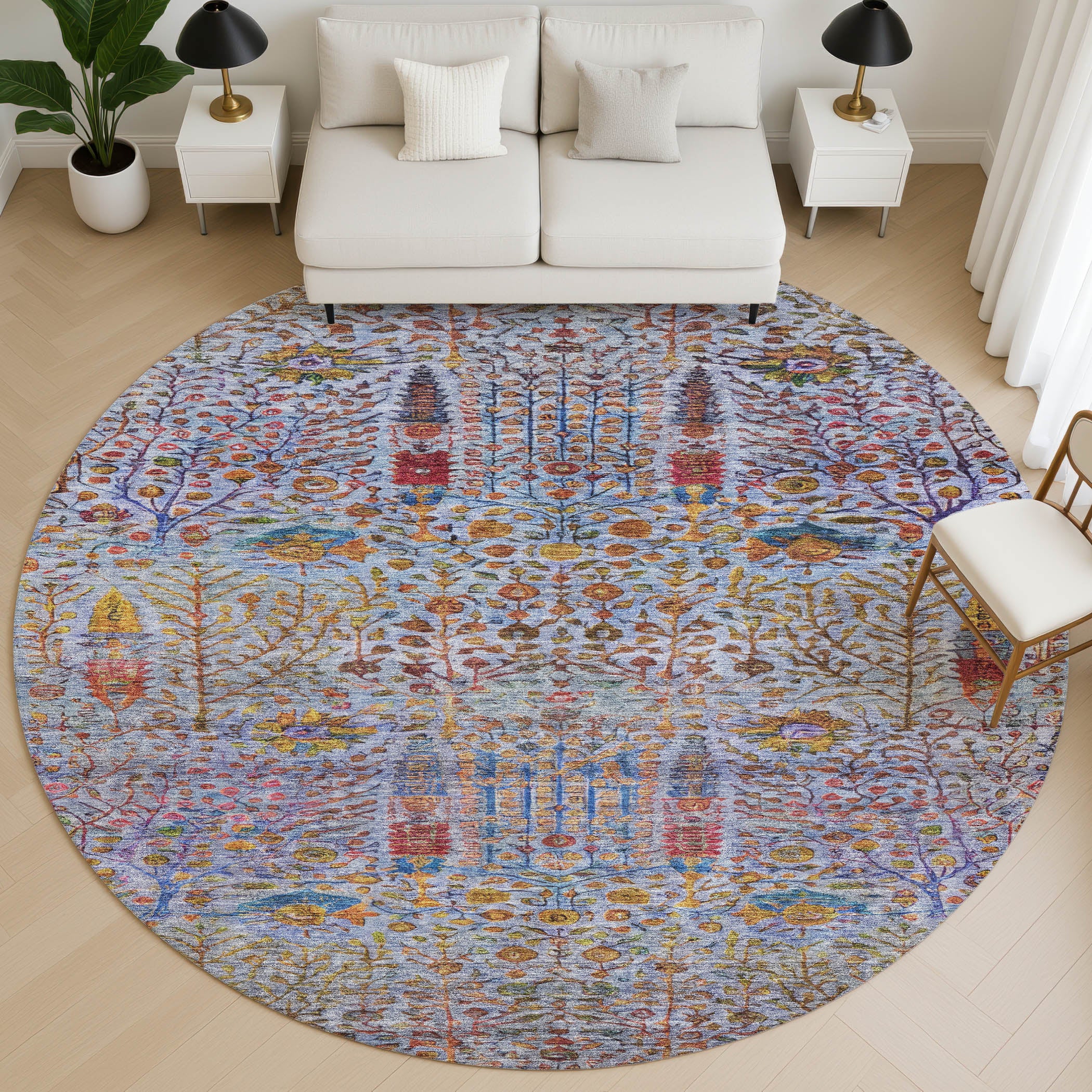 Antigua Machine Washable Transitional Blue Rug 8' x 8' #shape_Round
