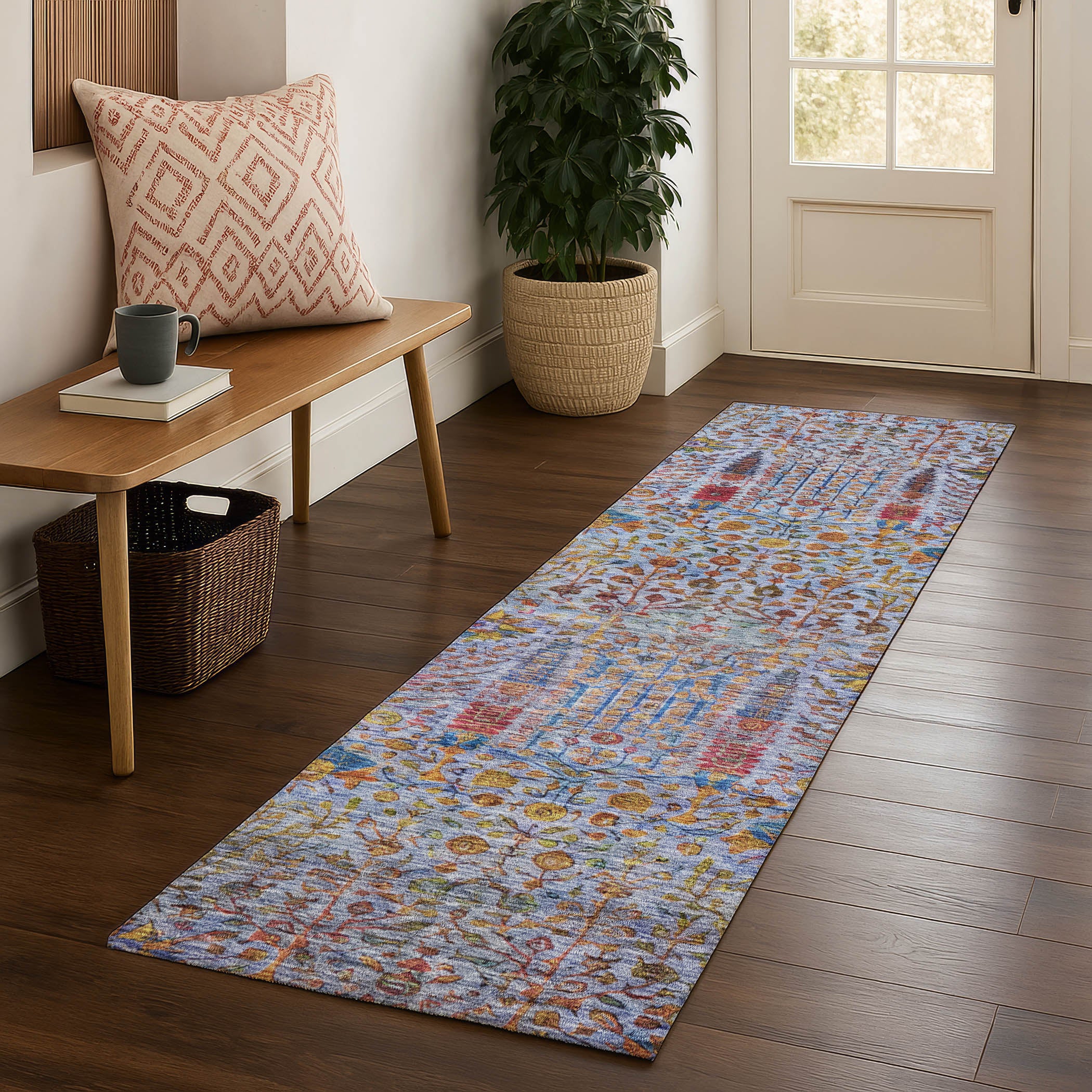 Antigua Machine Washable Transitional Blue Rug 2'3" x 7'6" #shape_Runner