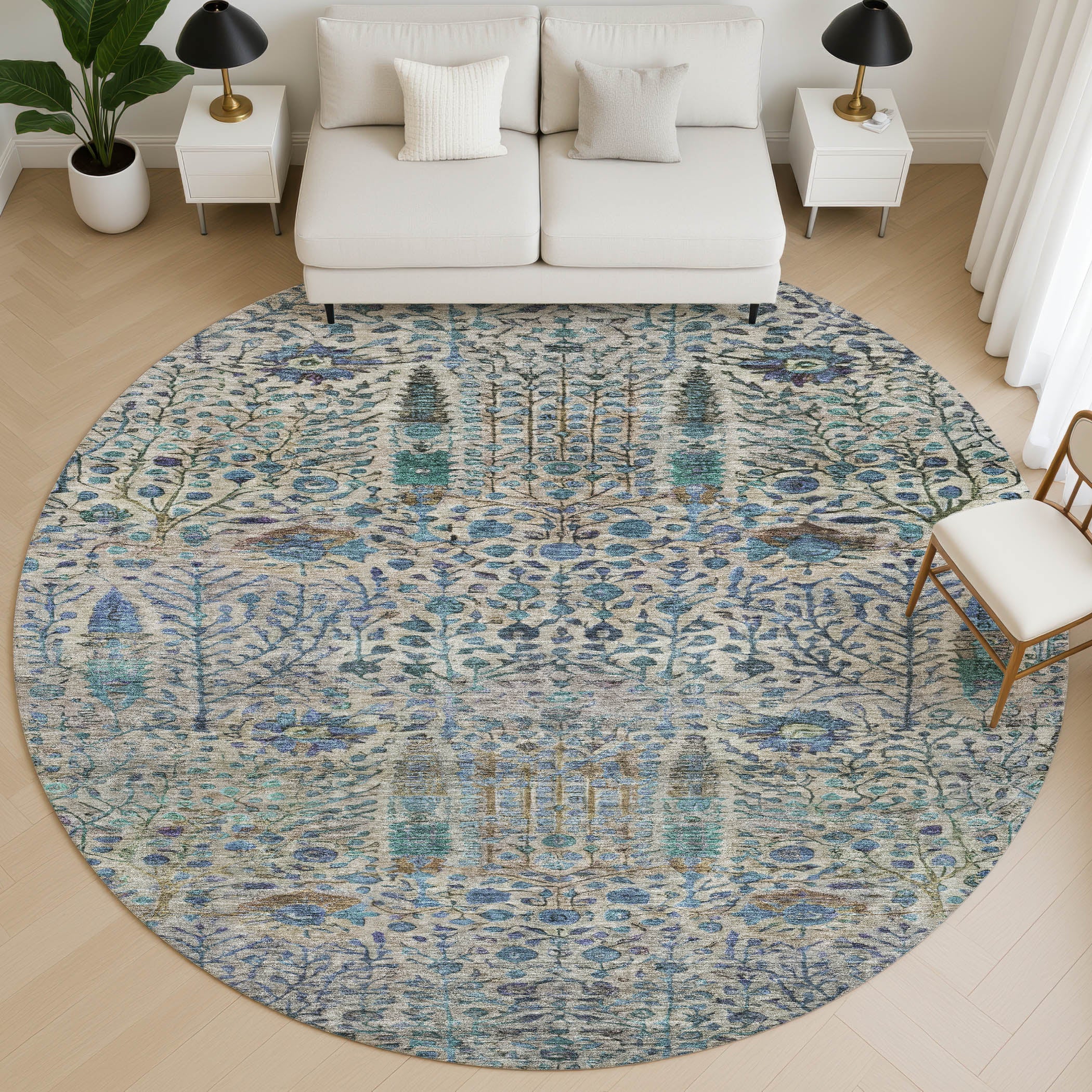 Antigua Machine Washable Transitional Brown Rug 8' x 8' #shape_Round