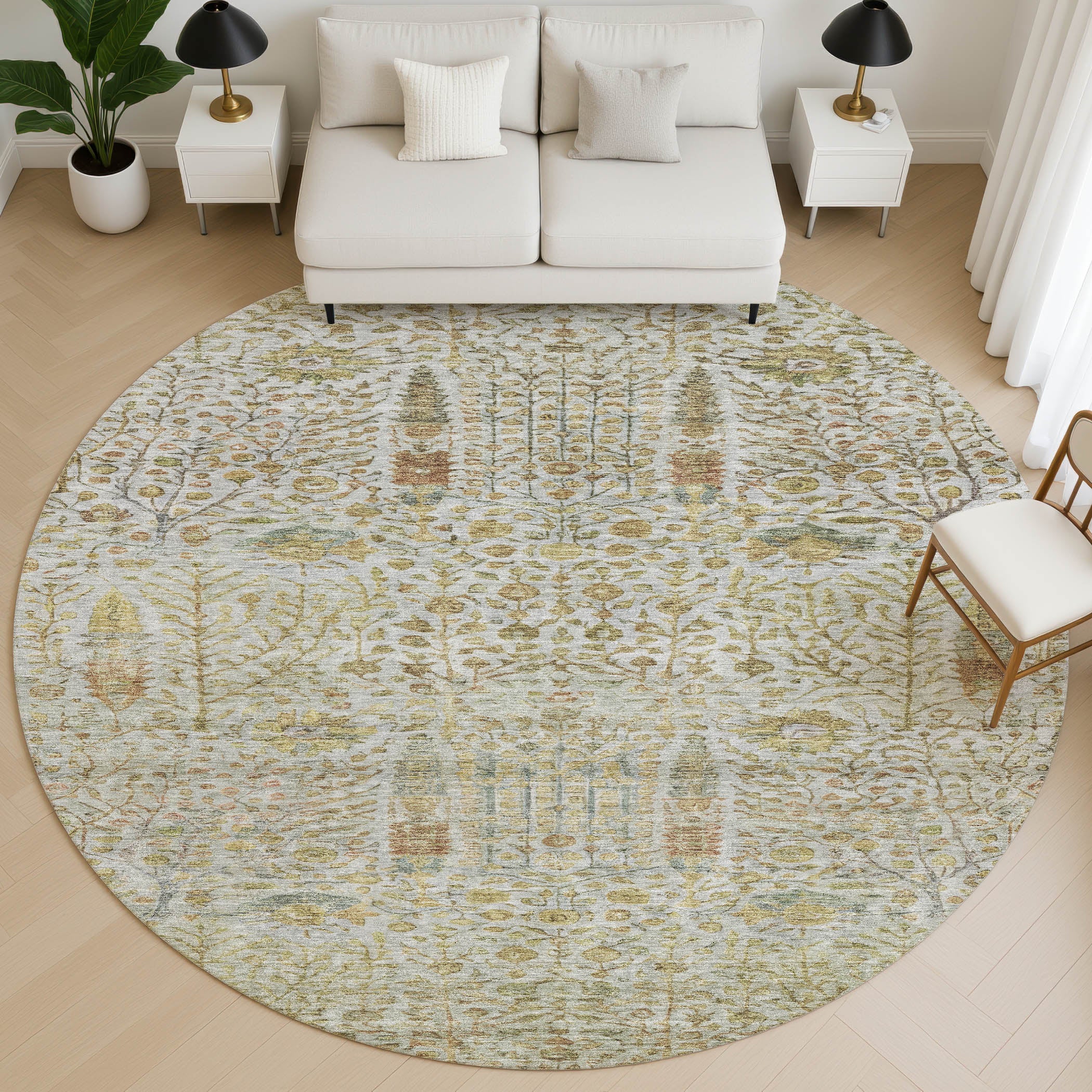Antigua Machine Washable Transitional Linen Ivory Rug 8' x 8' #shape_Round