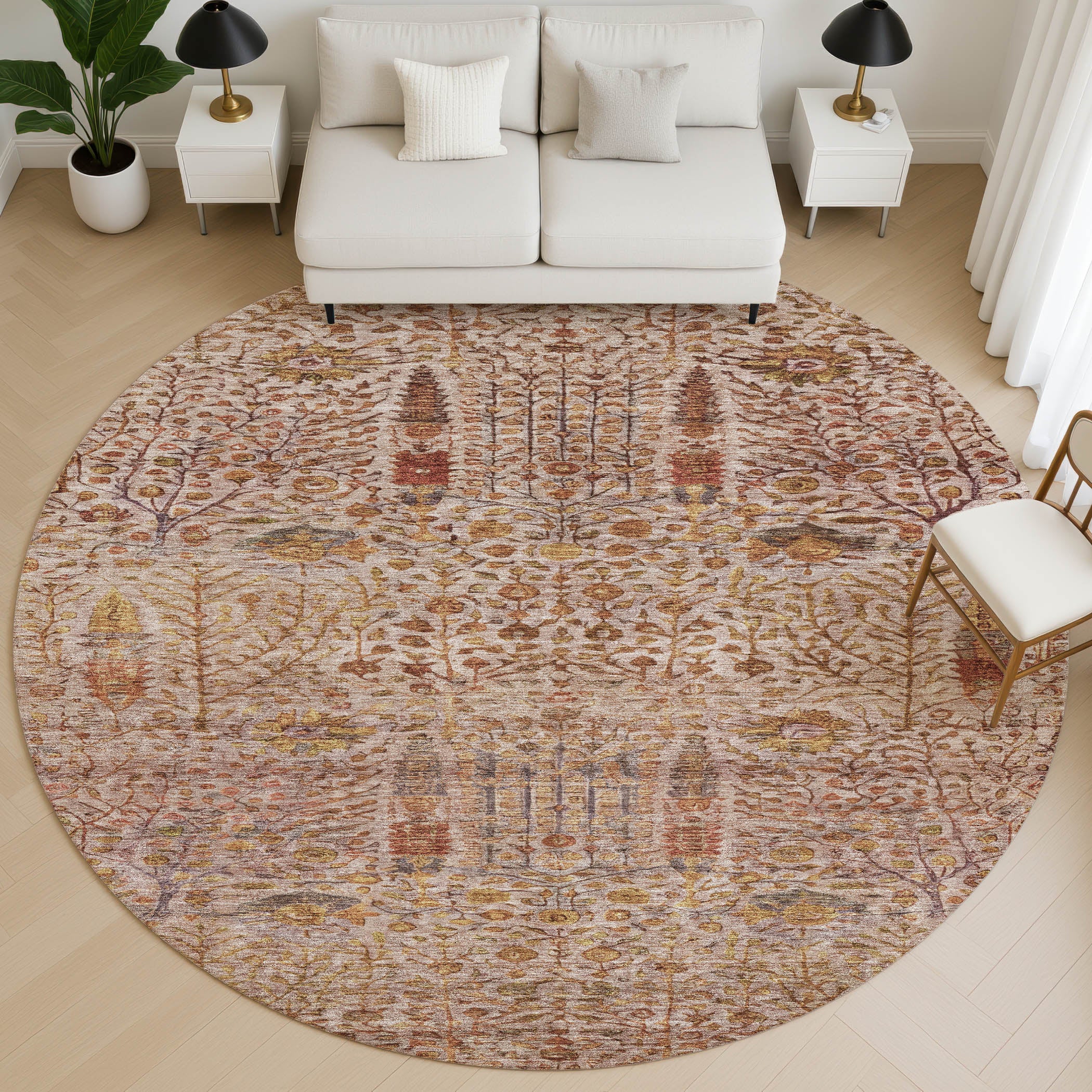 Antigua Machine Washable Transitional Terracotta Orange Rug 8' x 8' #shape_Round