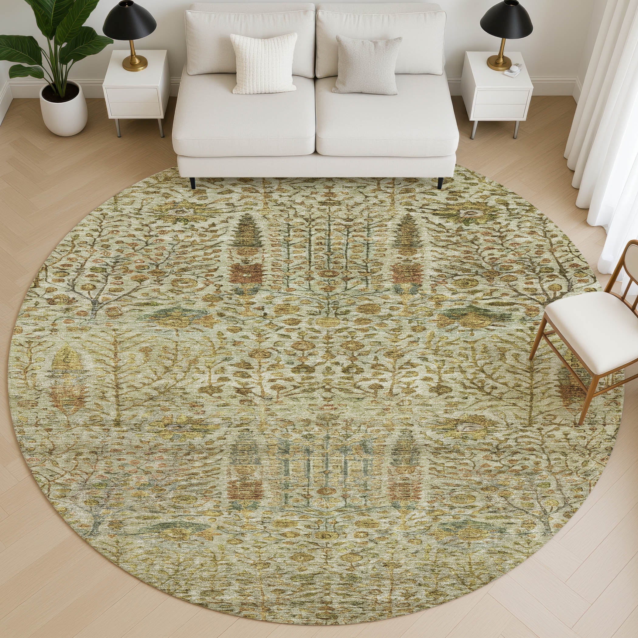 Antigua Machine Washable Transitional Wheat Gold Rug 8' x 8' #shape_Round