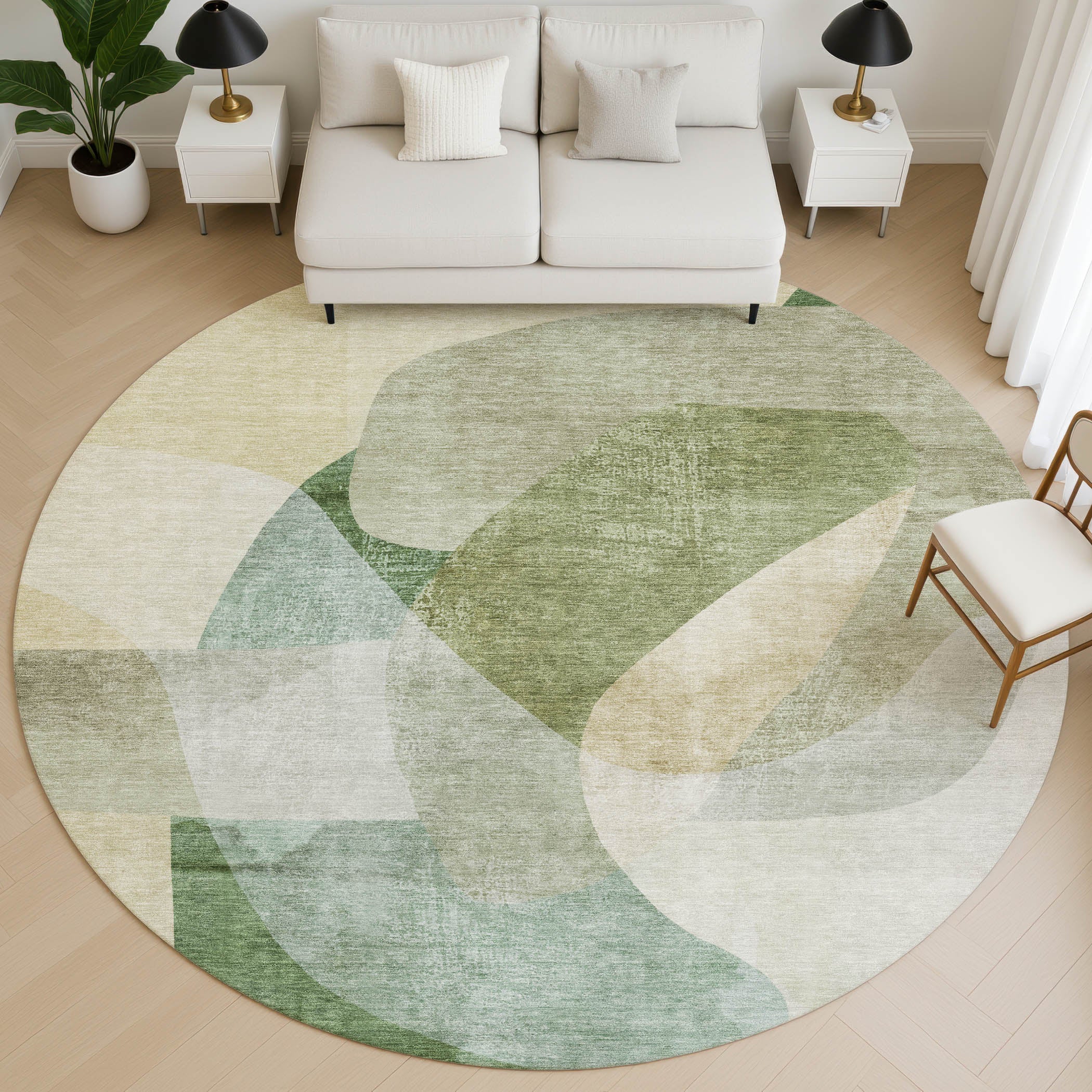 Valletta Machine Washable Transitional Aloe Green Rug 8' x 8' #shape_Round