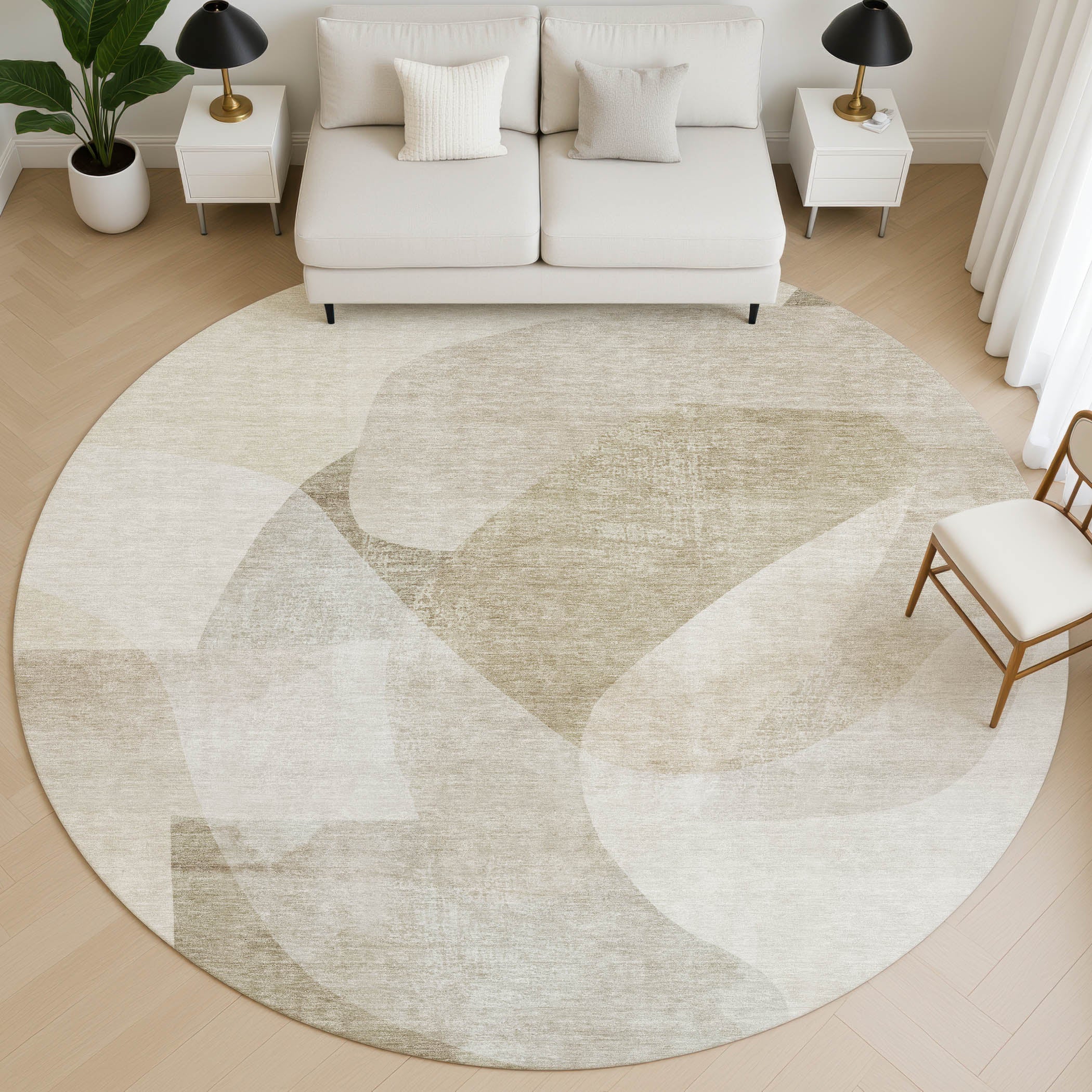 Valletta Machine Washable Transitional Beige Brown Rug 8' x 8' #shape_Round