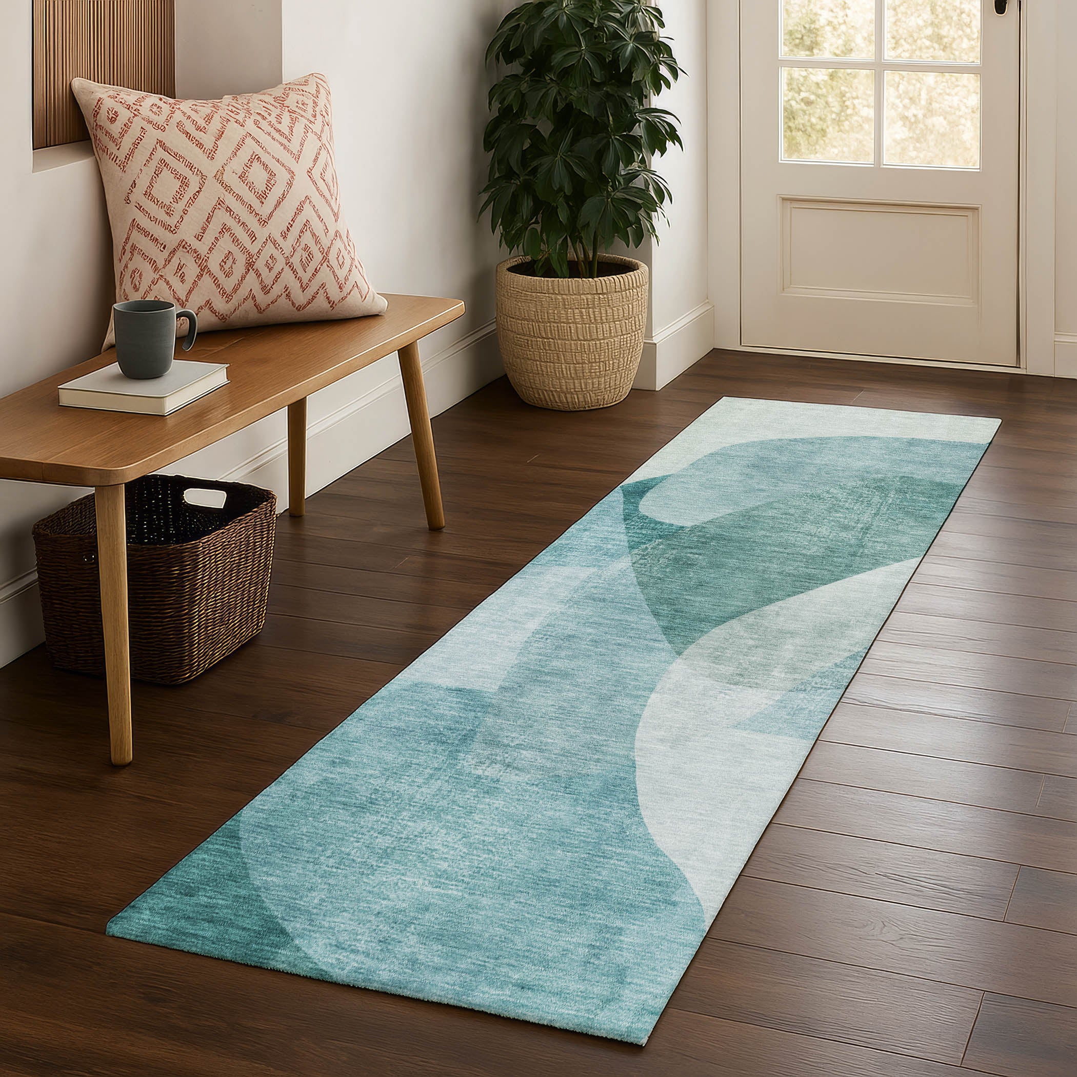 Valletta Machine Washable Transitional Teal Rug 2'3" x 7'6" #shape_Runner