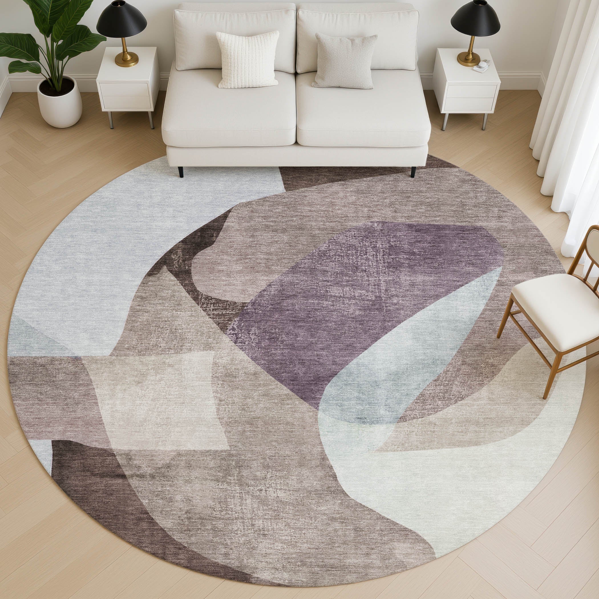 Antigua Machine Washable Transitional Brown Rug 8' x 8' #shape_Round
