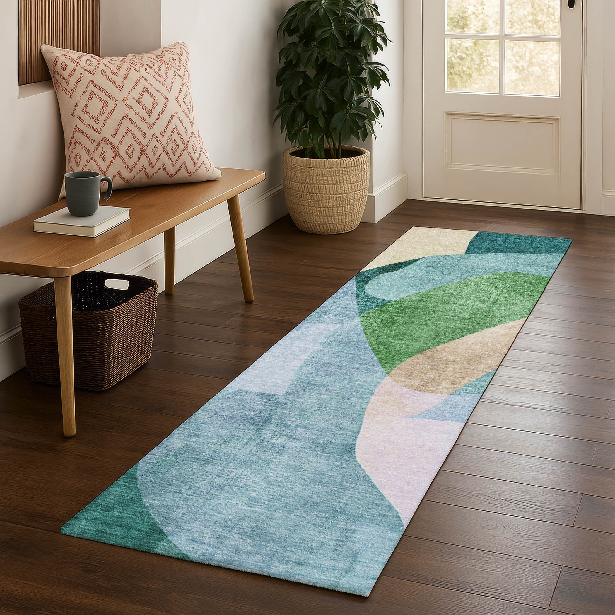 Antigua Machine Washable Transitional Green Rug 2'3" x 7'6" #shape_Runner