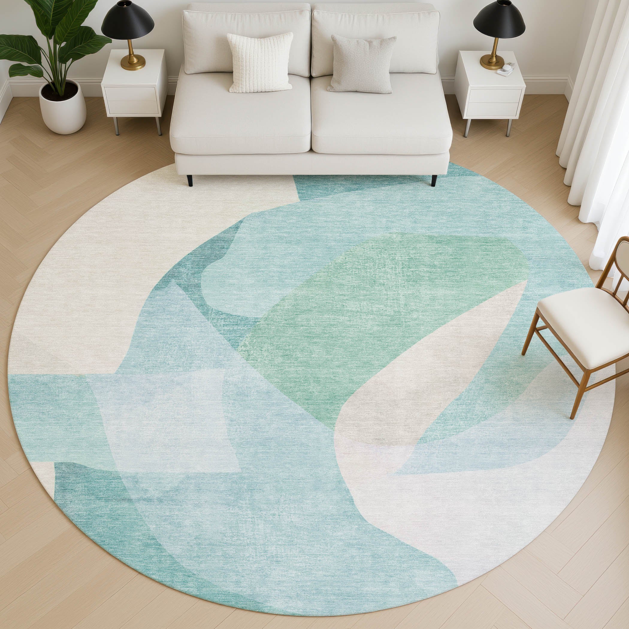 Antigua Machine Washable Transitional Seafoam Blue Rug 8' x 8' #shape_Round