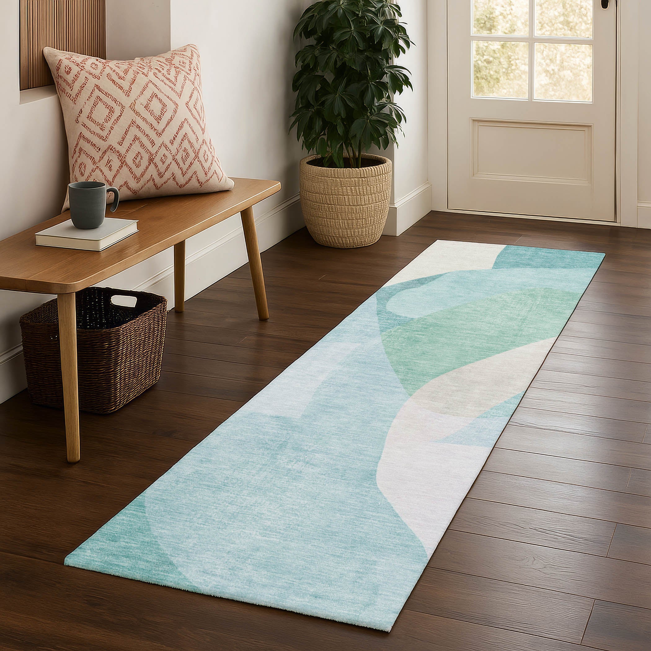Antigua Machine Washable Transitional Seafoam Blue Rug 2'3" x 7'6" #shape_Runner