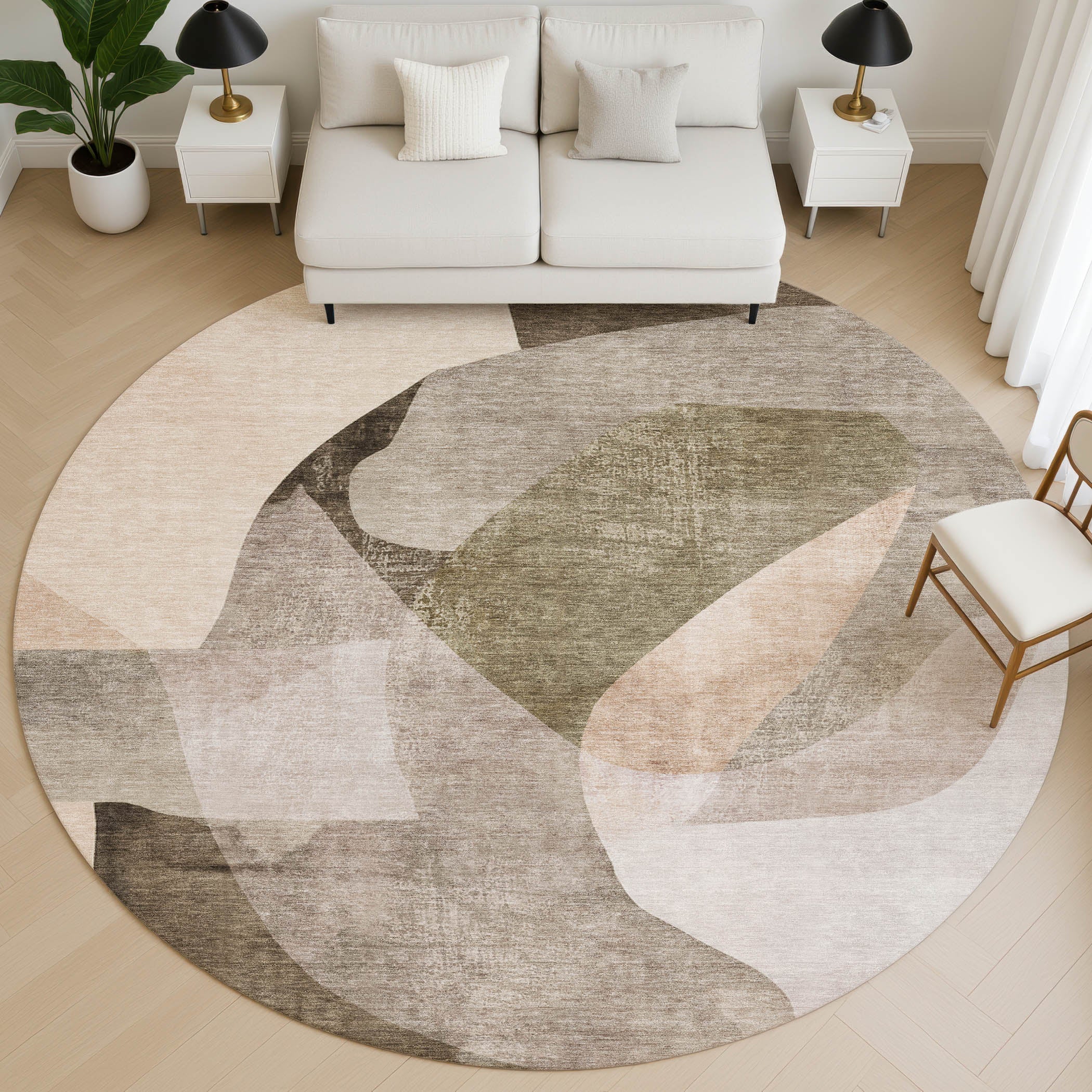 Antigua Machine Washable Transitional Taupe Brown Rug 8' x 8' #shape_Round