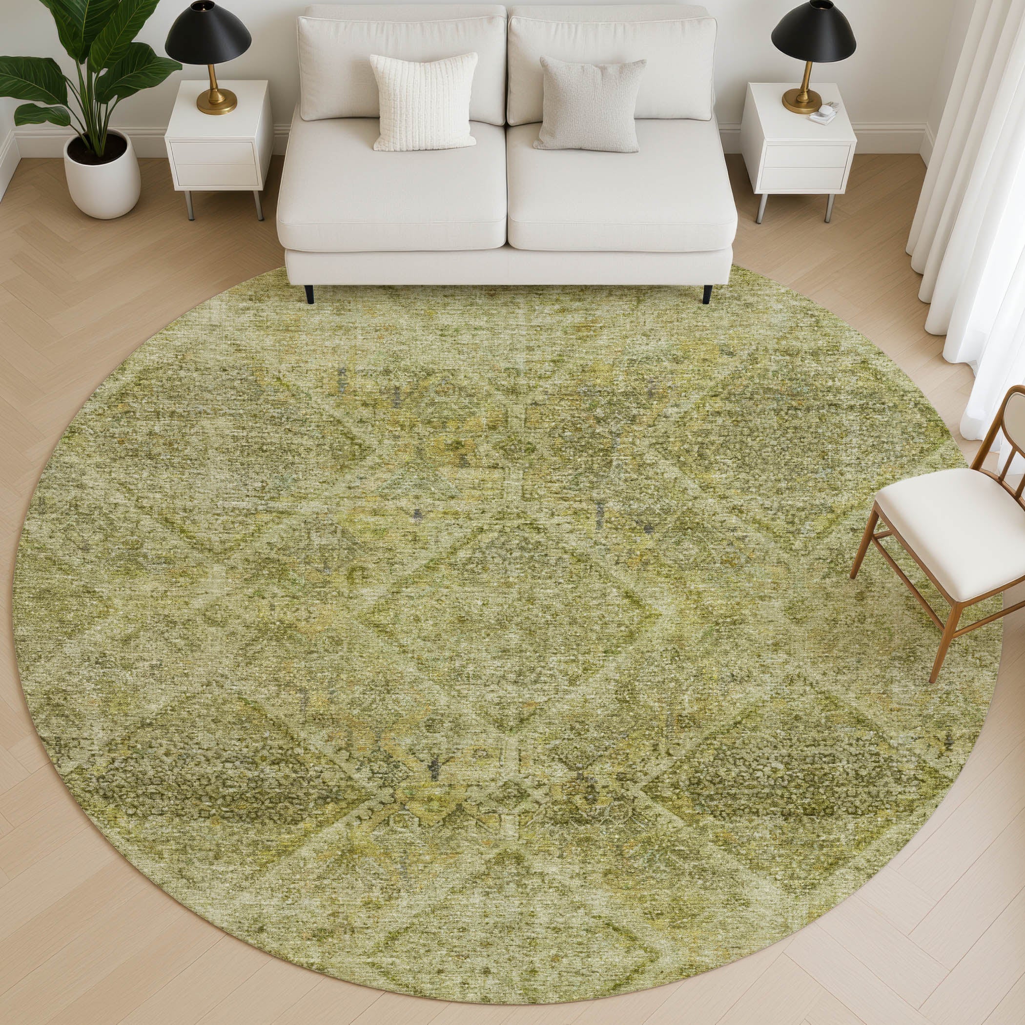 Vienna Machine Washable Transitional Aloe Green Rug 8' x 8' #shape_Round