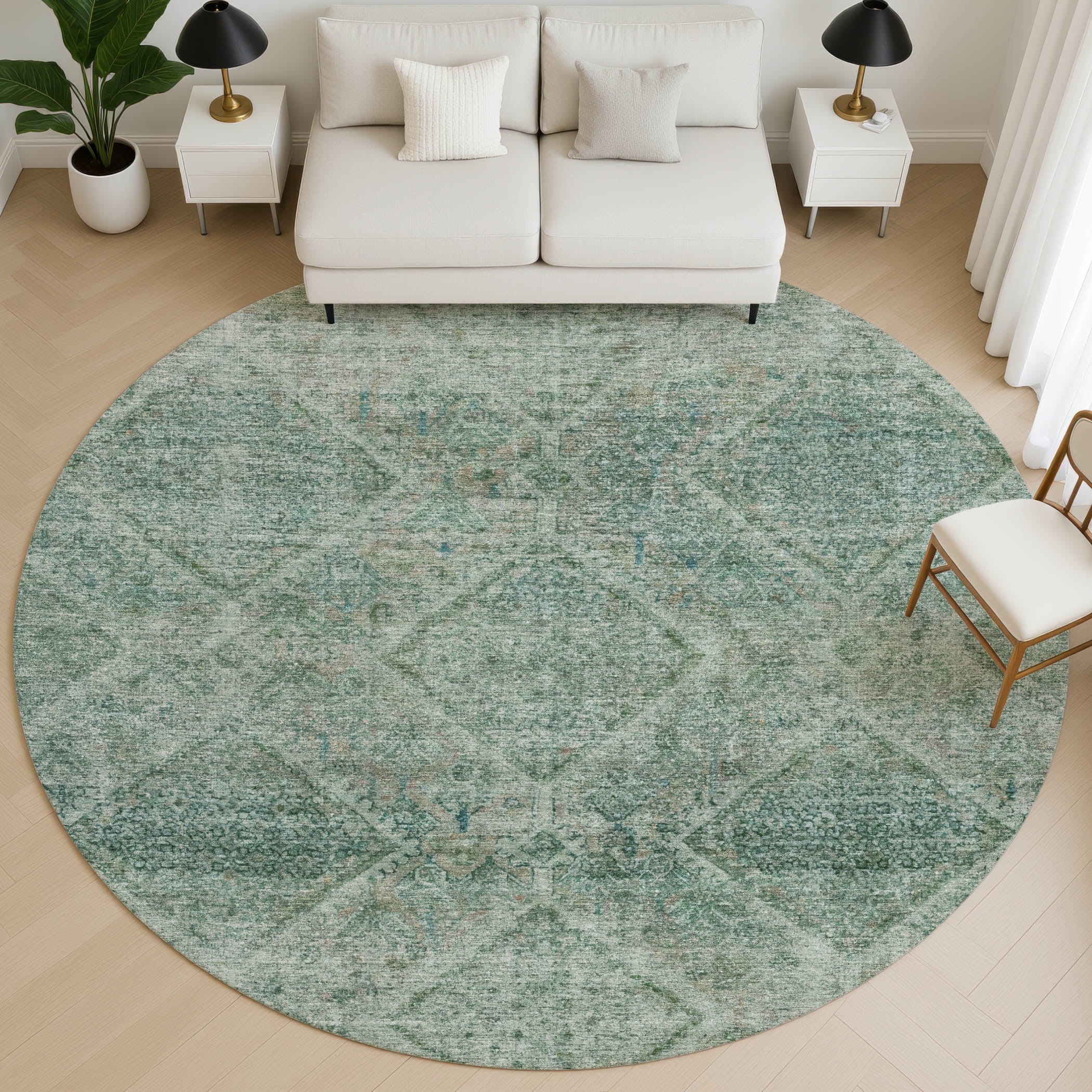 Vienna Machine Washable Transitional Teal Rug 8' x 8' #shape_Round