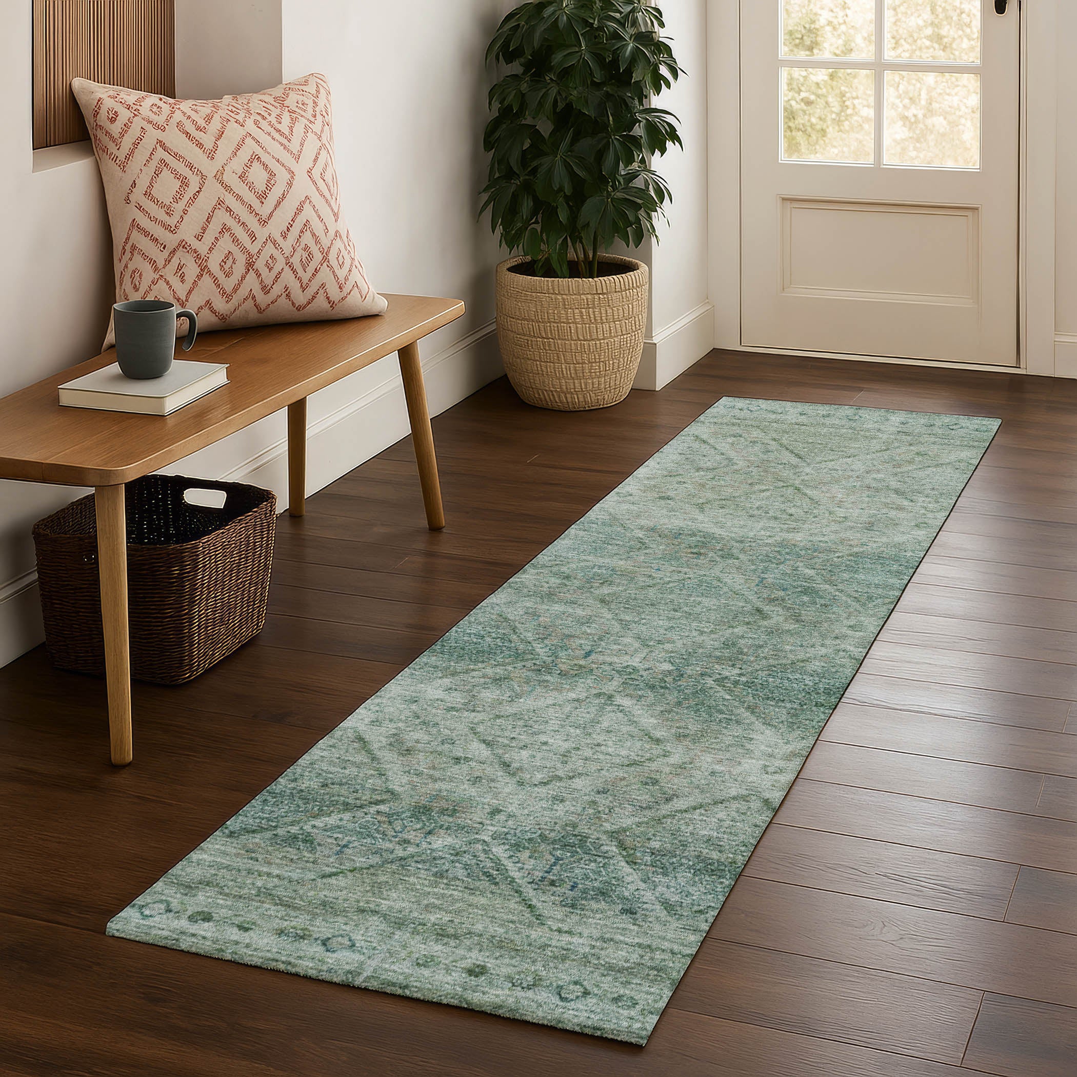 Vienna Machine Washable Transitional Teal Rug 2'3" x 7'6" #shape_Runner
