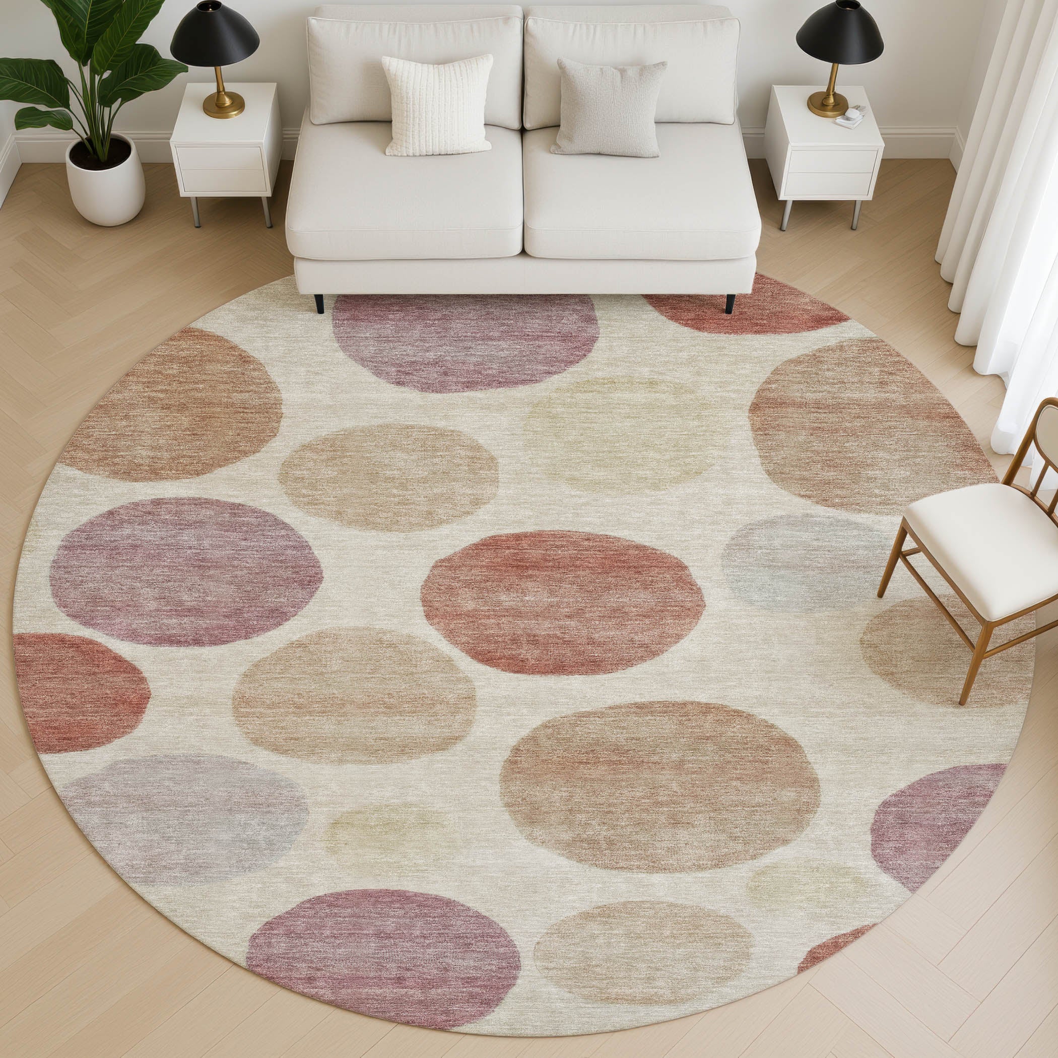 Vienna Machine Washable Transitional Salmon Orange Rug 8' x 8' #shape_Round