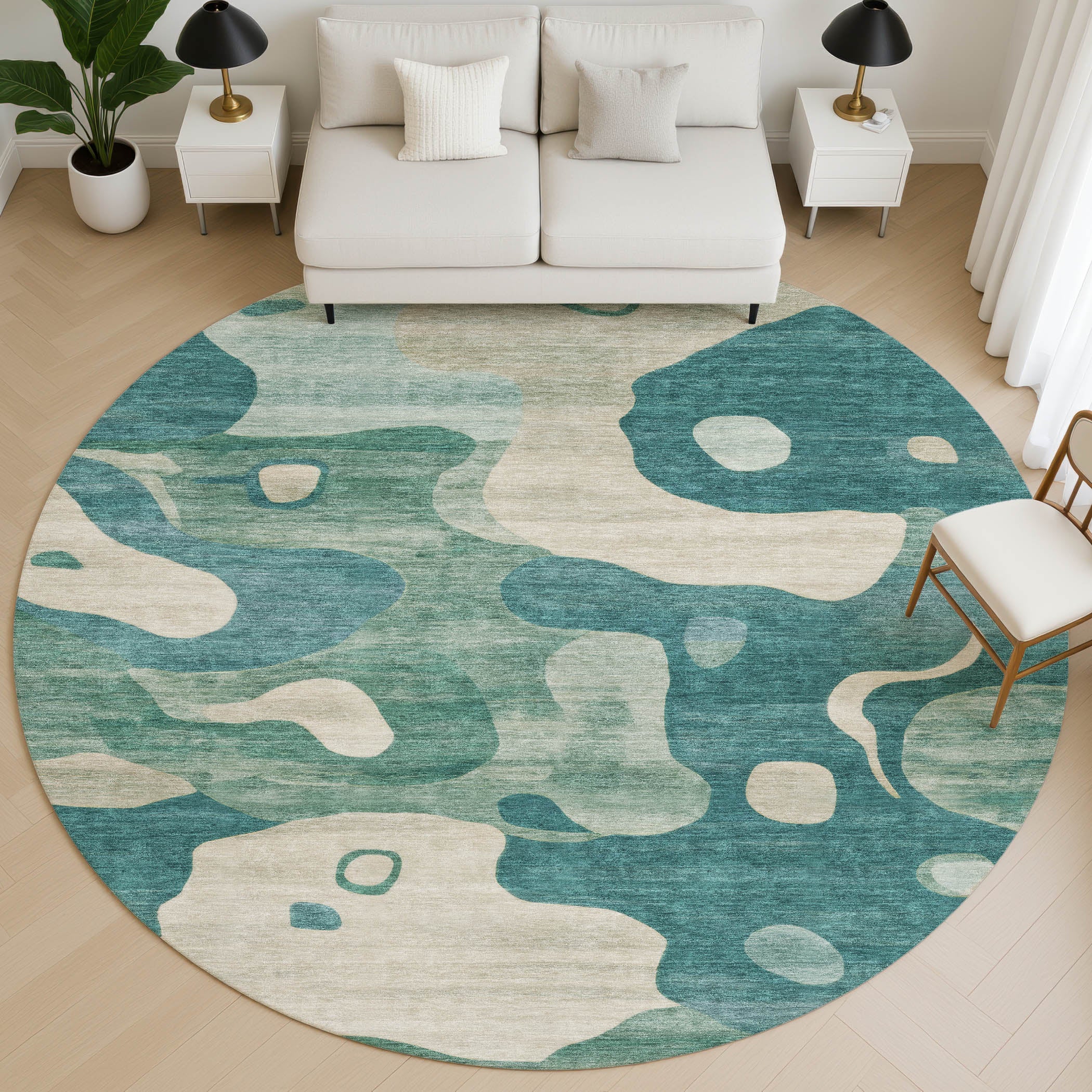 Queenstown Machine Washable Transitional Teal Rug 8' x 8' #shape_Round