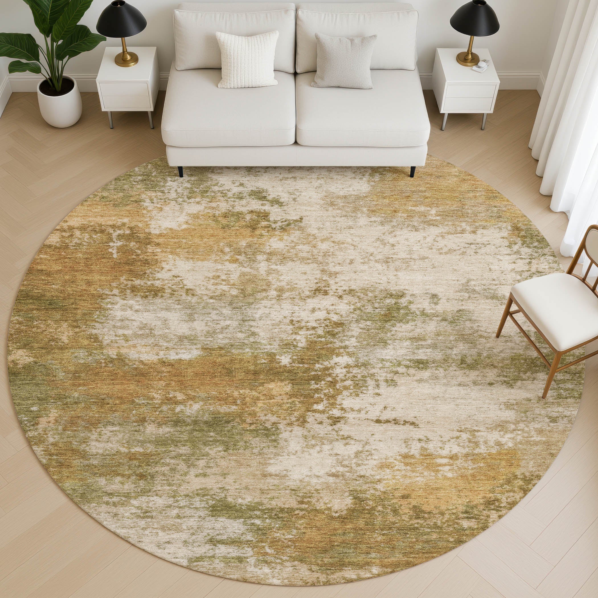 Mdina Machine Washable Transitional Copper Orange Rug 8' x 8' #shape_Round