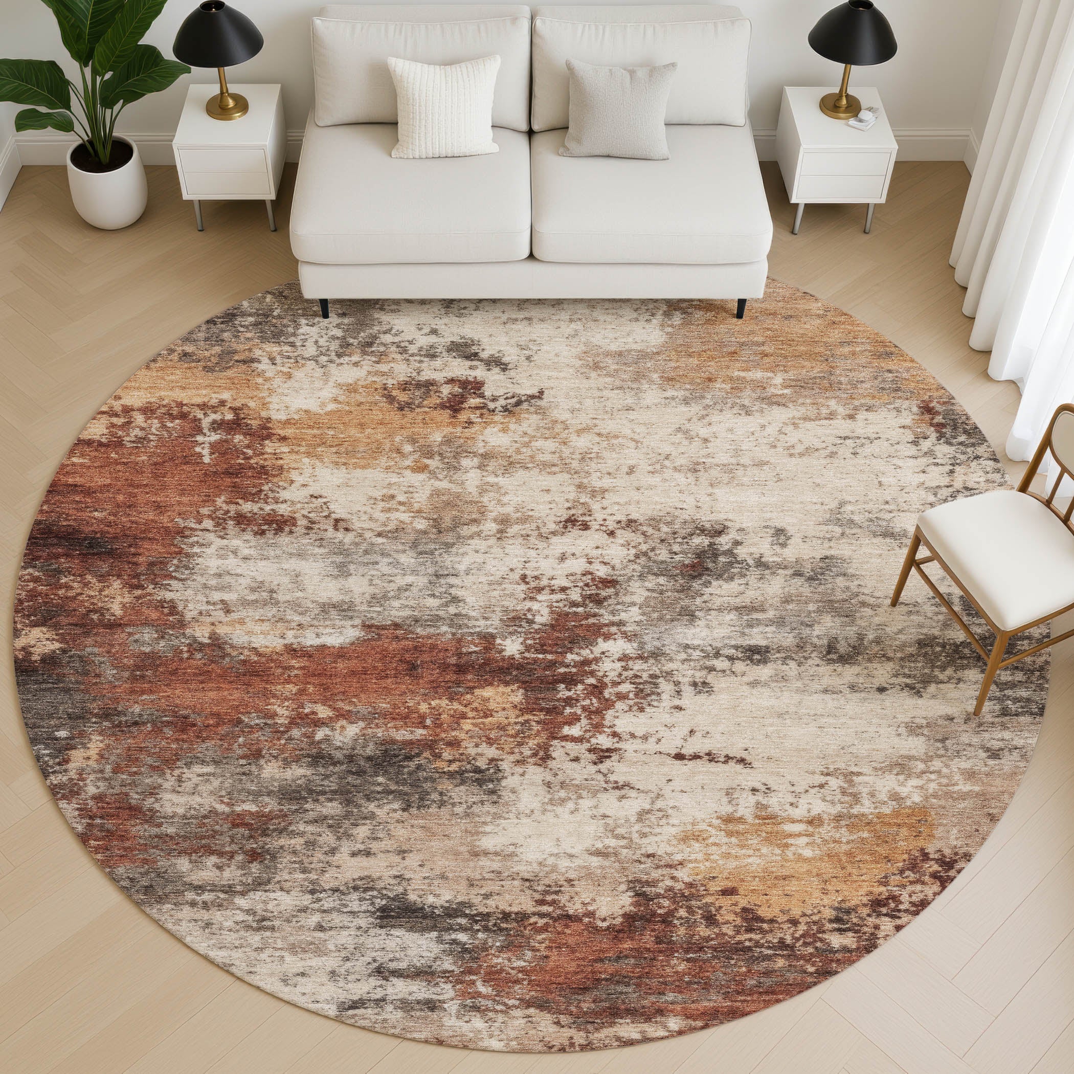 Mdina Machine Washable Transitional Paprika Orange Rug 8' x 8' #shape_Round
