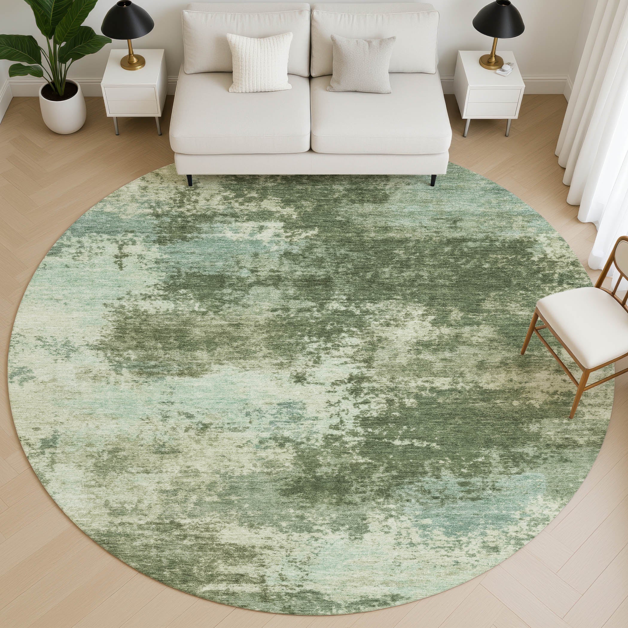 Athens Machine Washable Transitional Aloe Green Rug 8' x 8' #shape_Round