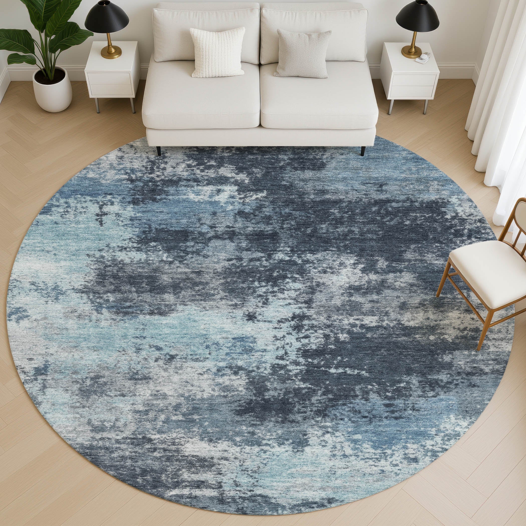 Athens Machine Washable Transitional Blue Rug 8' x 8' #shape_Round